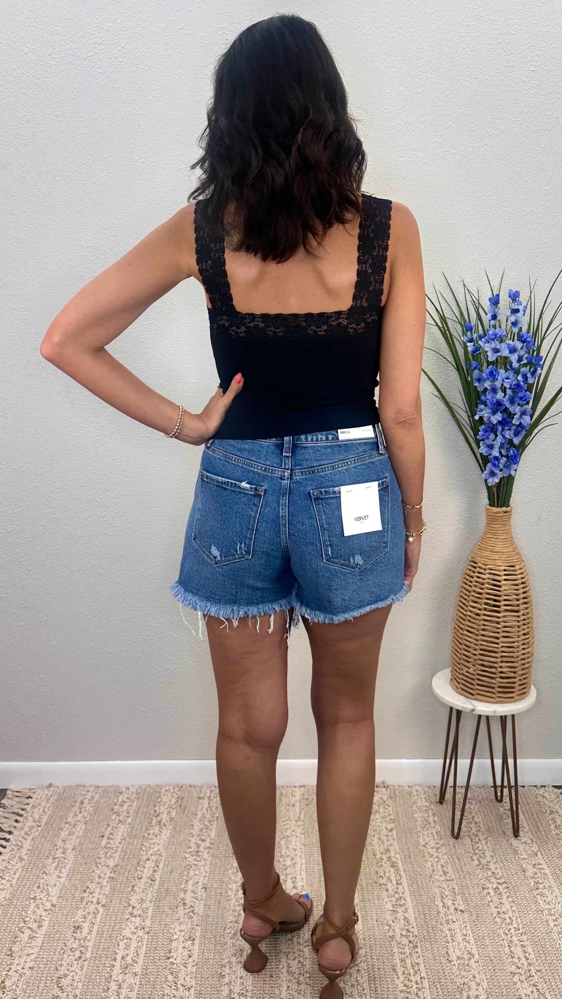 Black Throwback Ribbed Lace Trim Tank