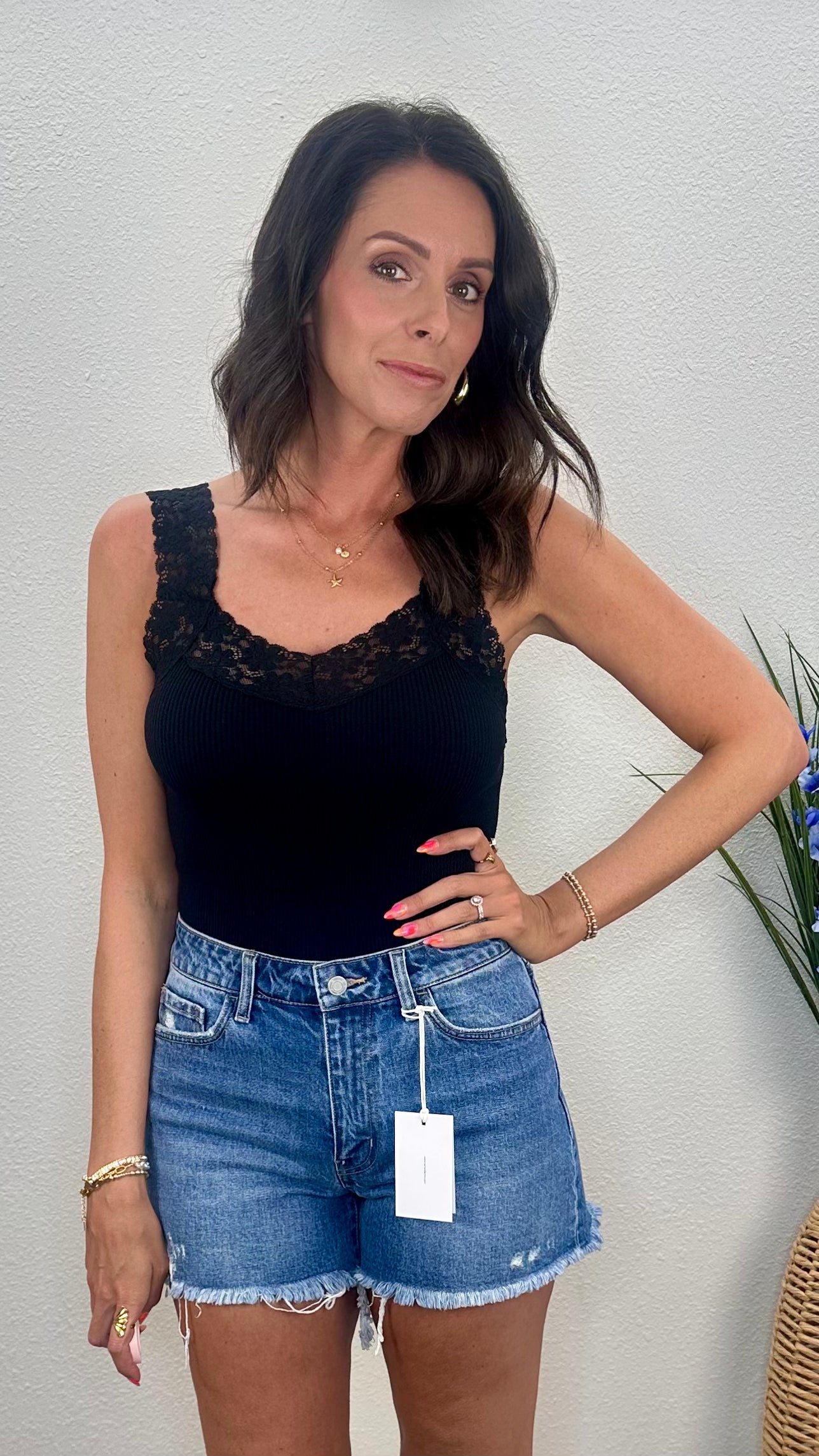 Black Throwback Ribbed Lace Trim Tank