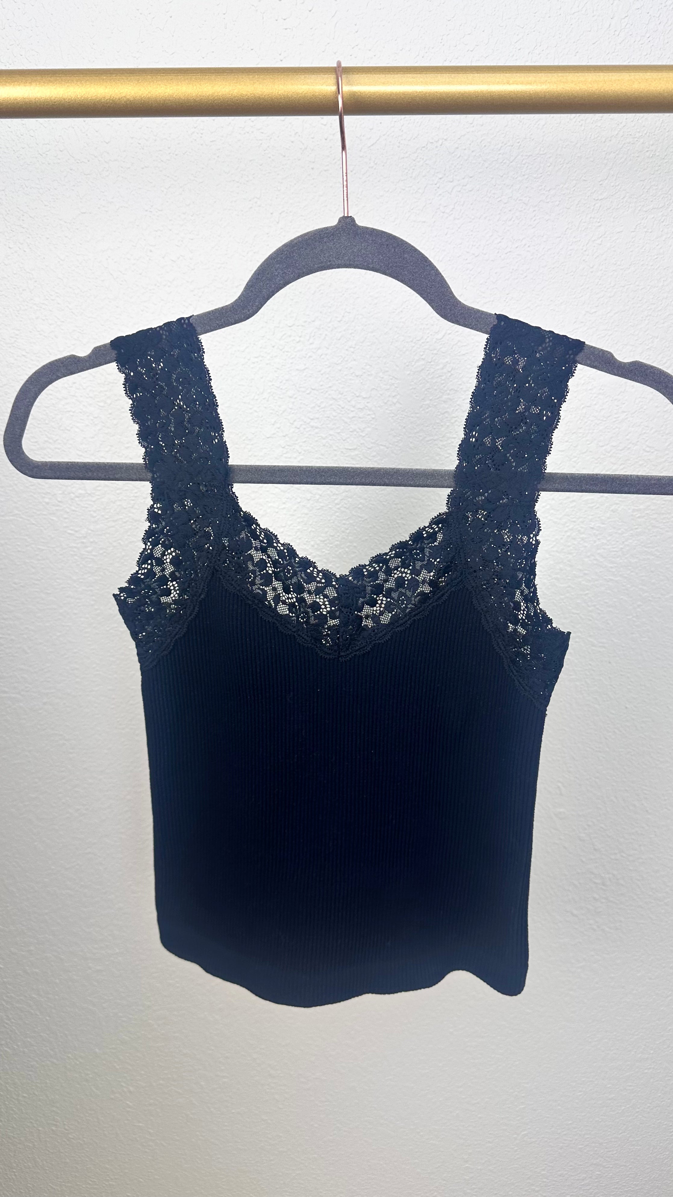 Black Throwback Ribbed Lace Trim Tank