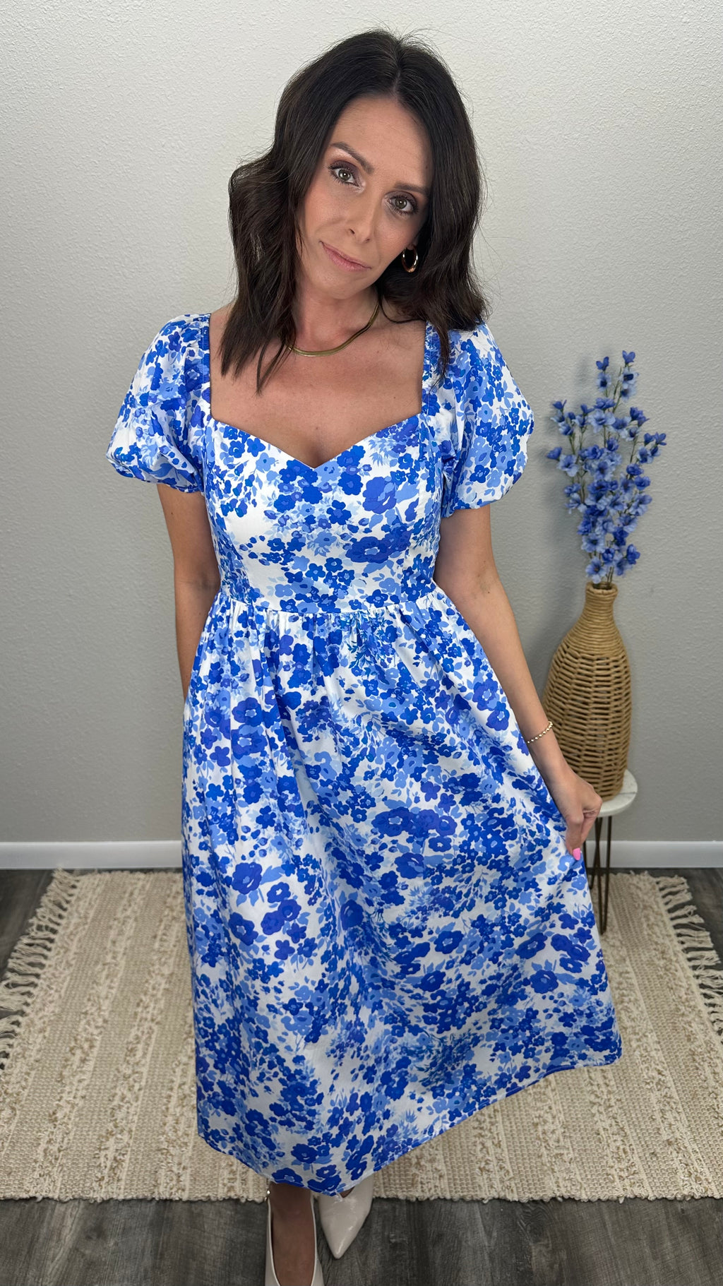 Royal Bloom Puff Sleeve Midi Dress