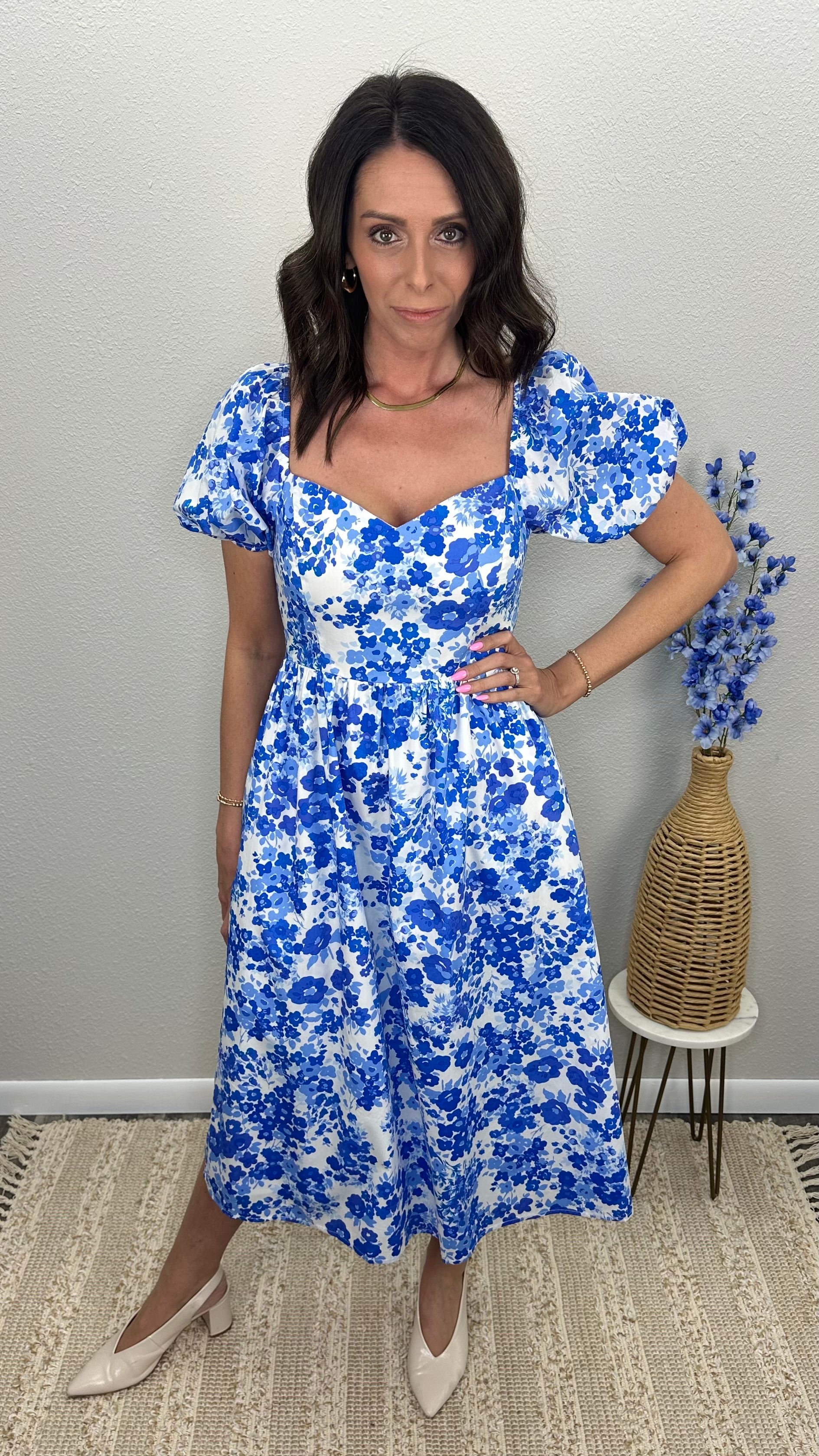 Royal Bloom Puff Sleeve Midi Dress
