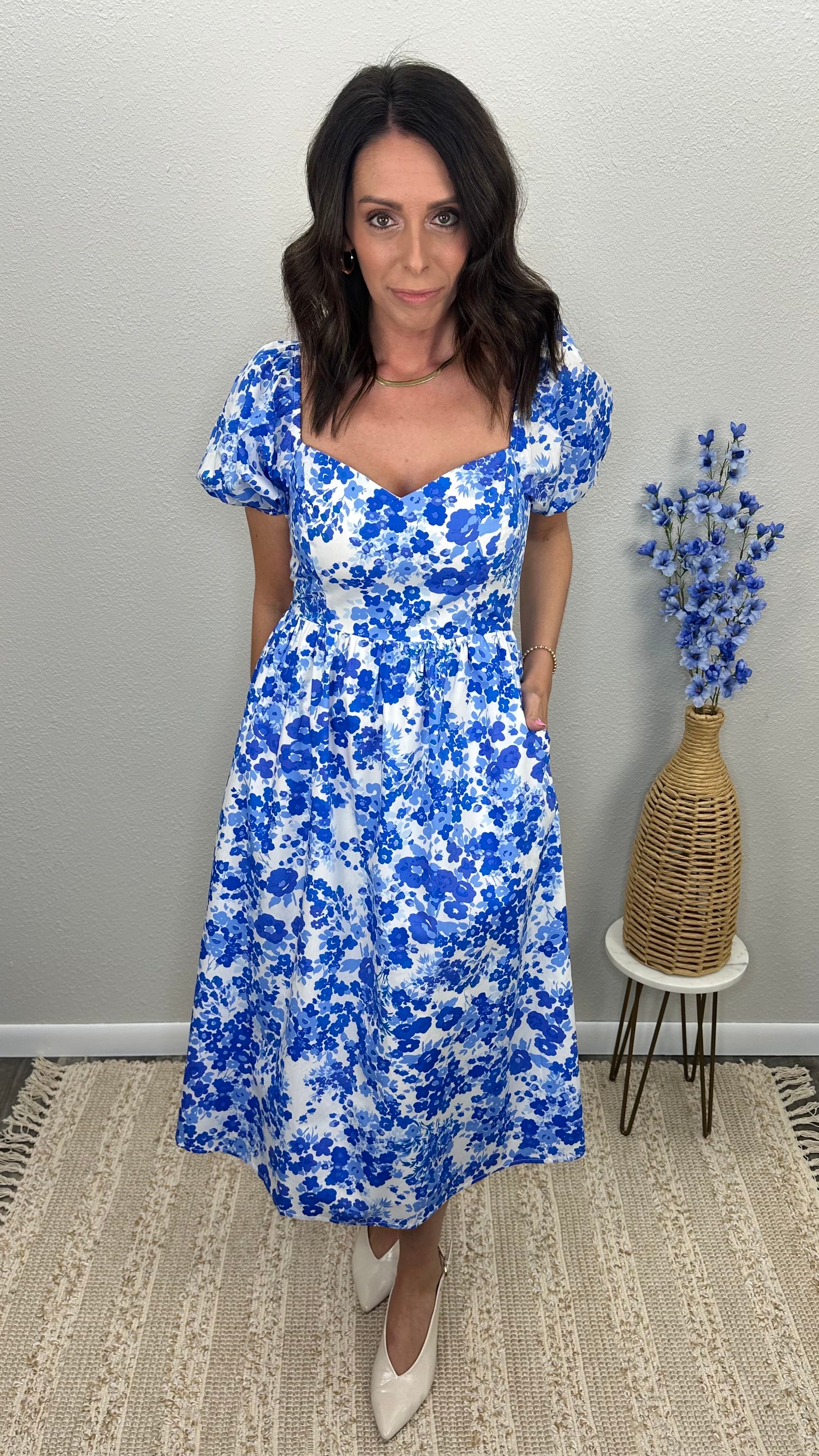 Royal Bloom Puff Sleeve Midi Dress