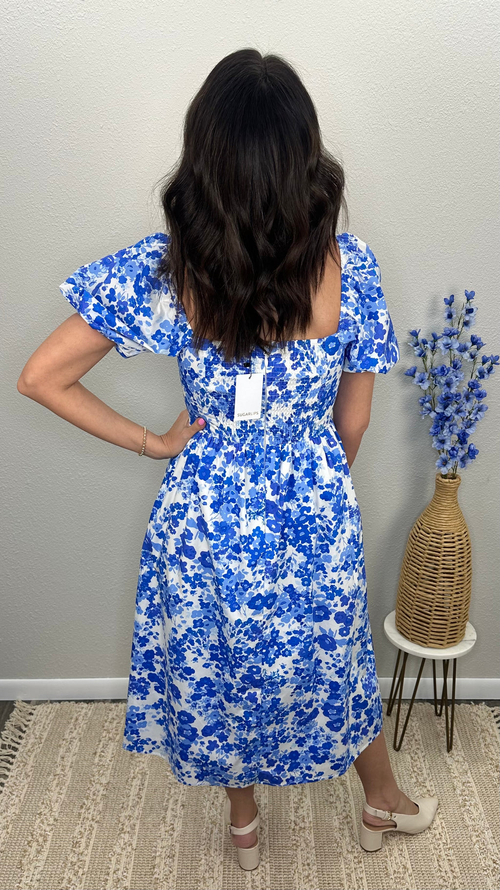Royal Bloom Puff Sleeve Midi Dress