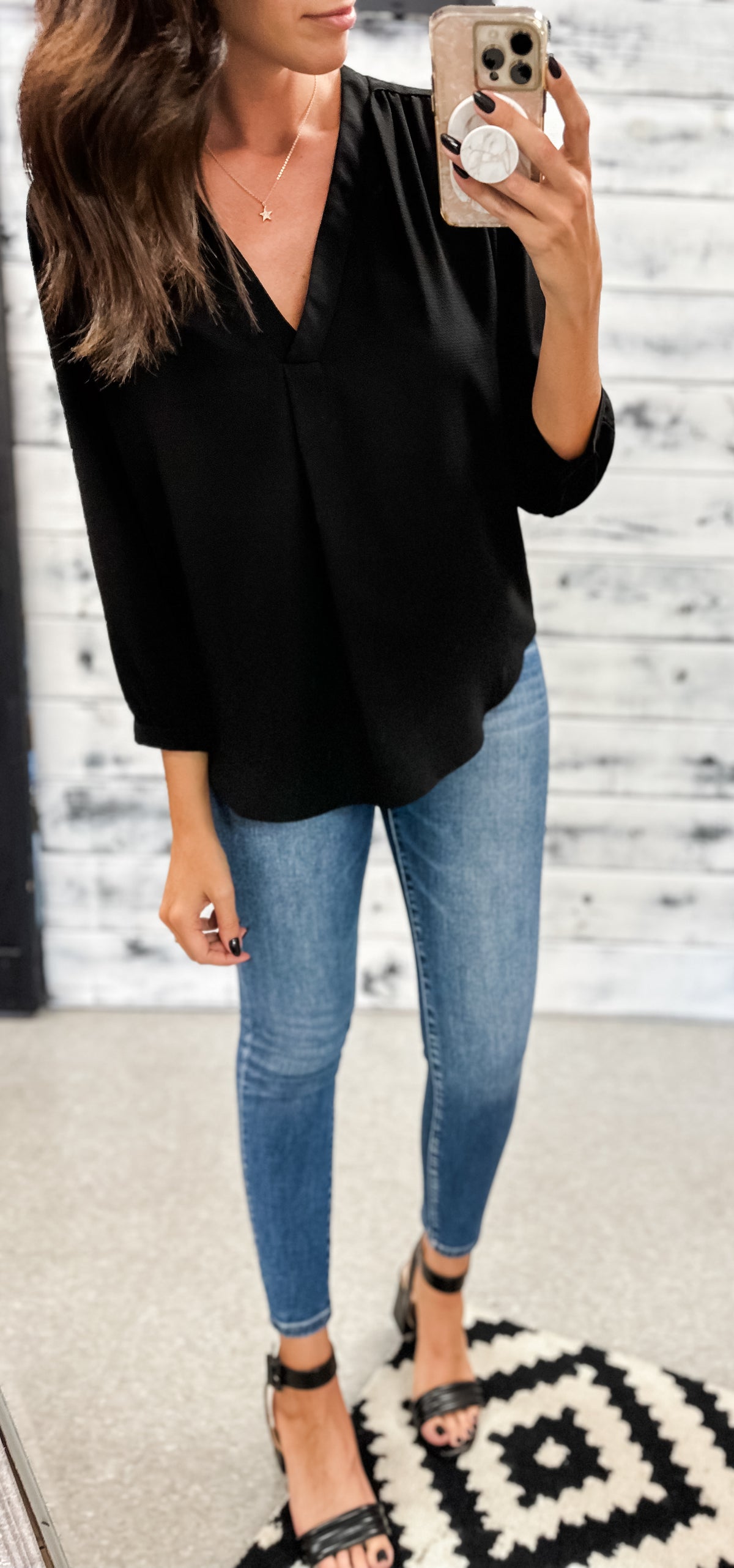 Black Split Neck 3/4 Sleeve Blouse