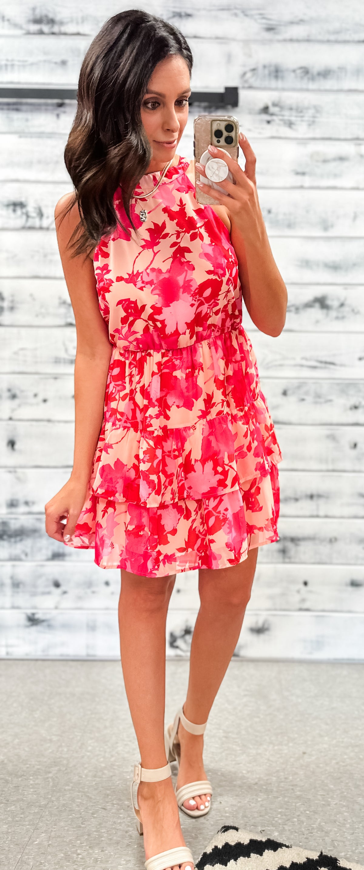 Peach, Pink &amp; Red Floral Racerback Ruffle Dress