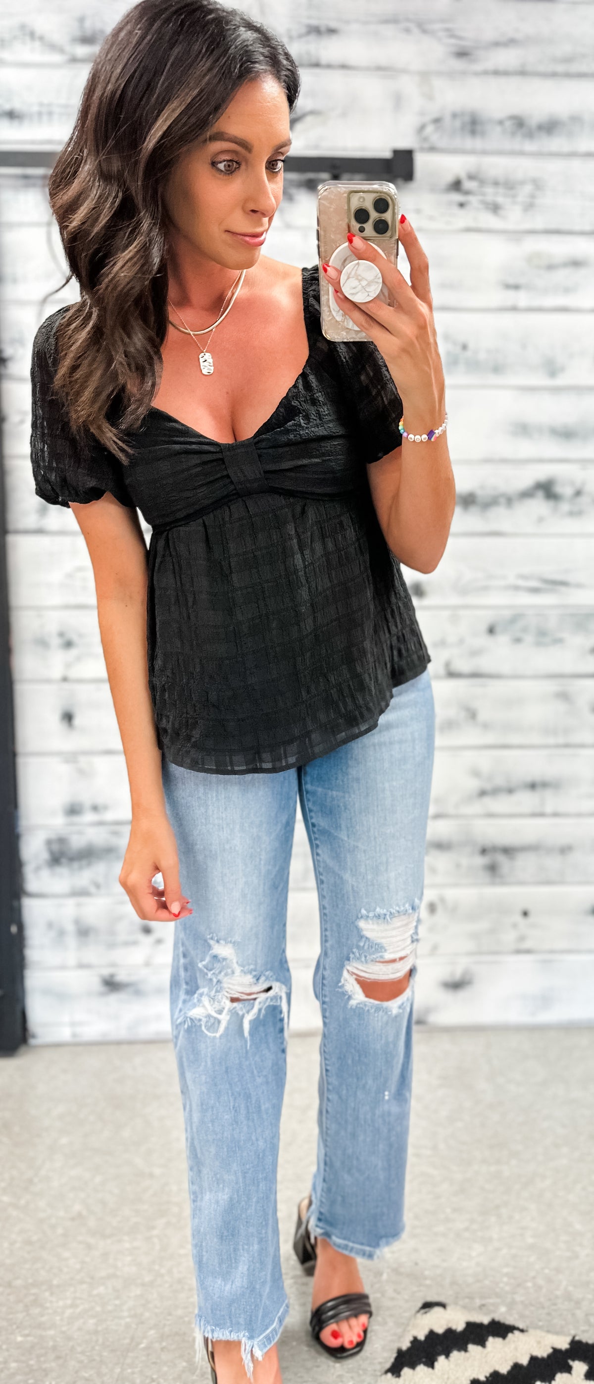 Black Textured Bow Puff Sleeve Blouse