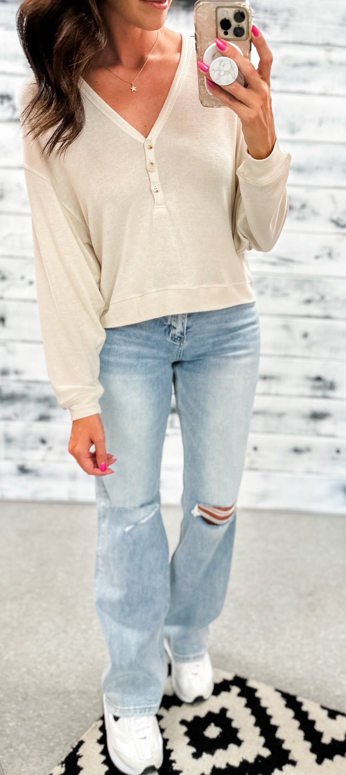 Natural V-Neck Relaxed Button Crop Top