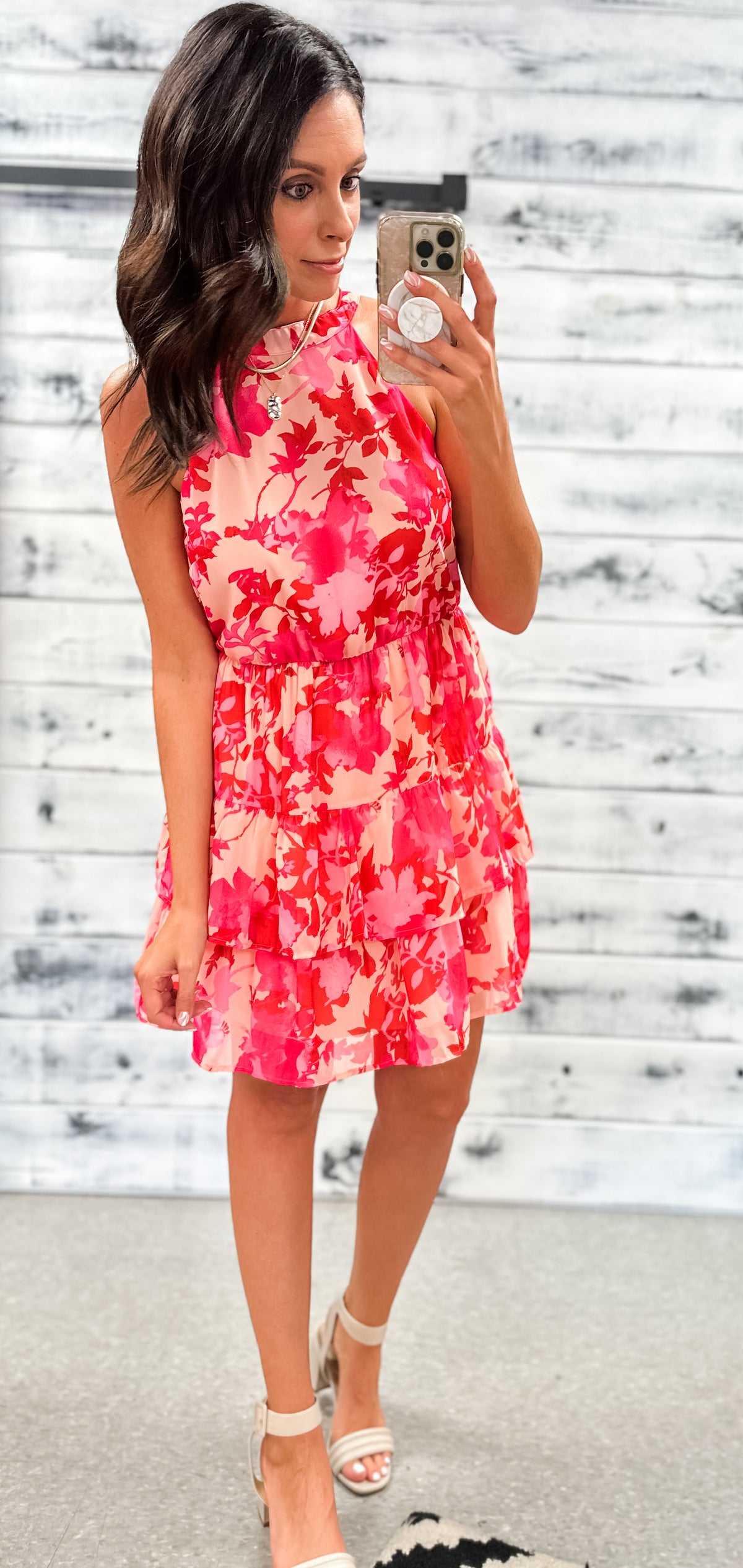 Peach, Pink &amp; Red Floral Racerback Ruffle Dress