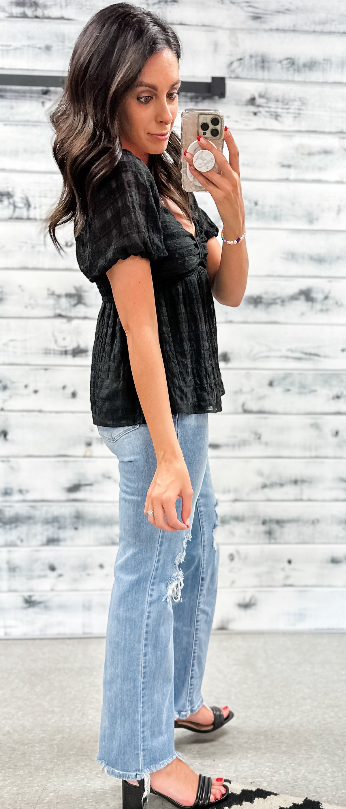 Black Textured Bow Puff Sleeve Blouse