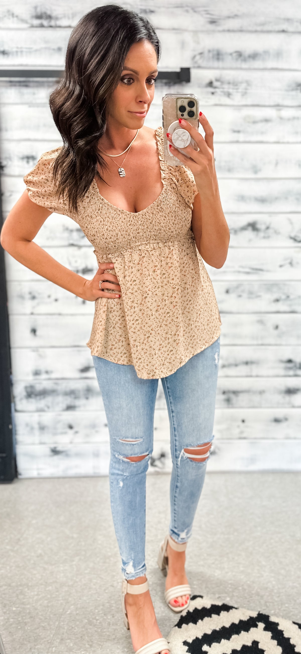 Taupe &amp; Peach Floral Smocked Blouse