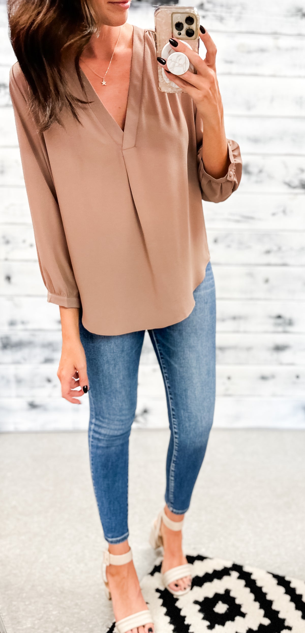 Mocha Split Neck 3/4 Sleeve Blouse
