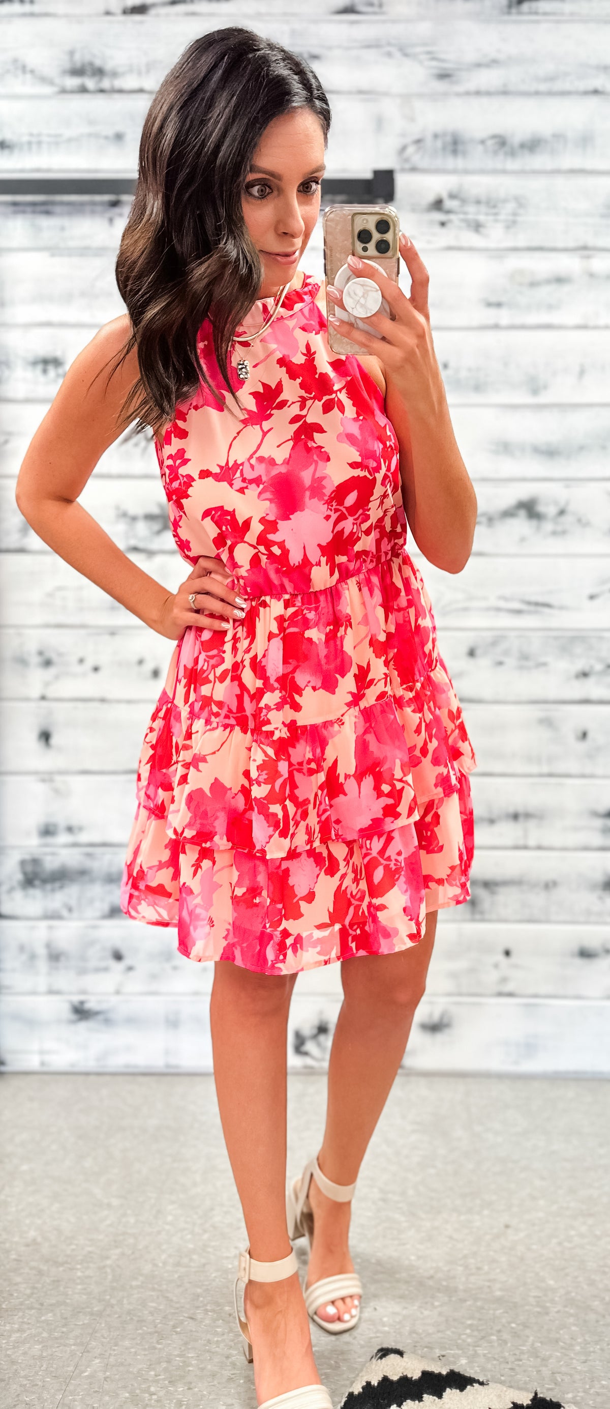 Peach, Pink &amp; Red Floral Racerback Ruffle Dress