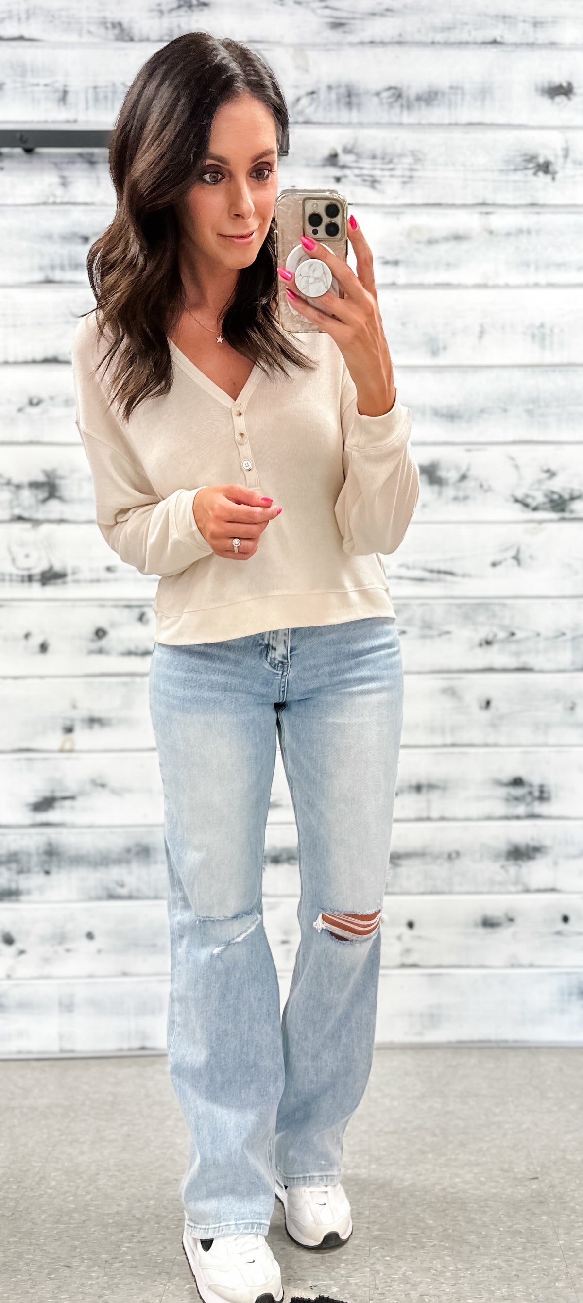 Natural V-Neck Relaxed Button Crop Top