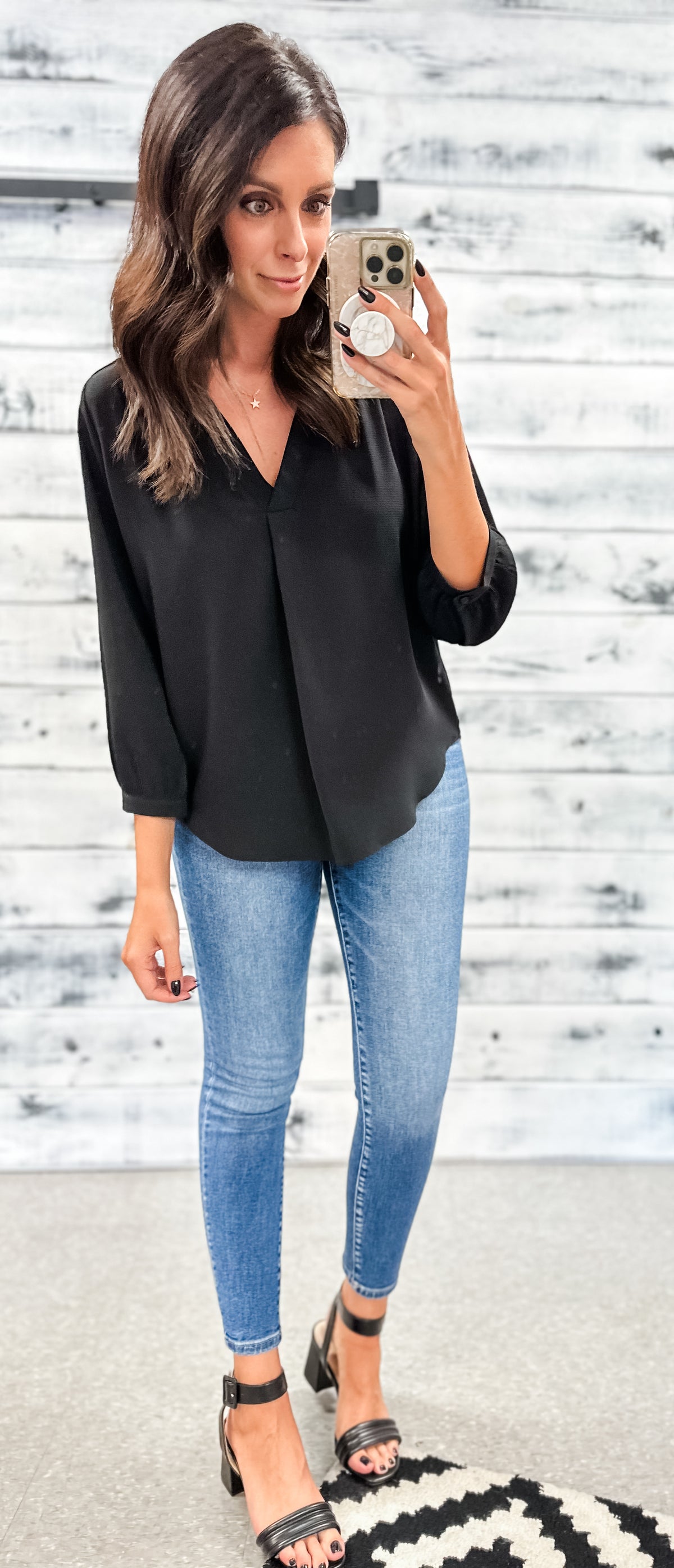Black Split Neck 3/4 Sleeve Blouse