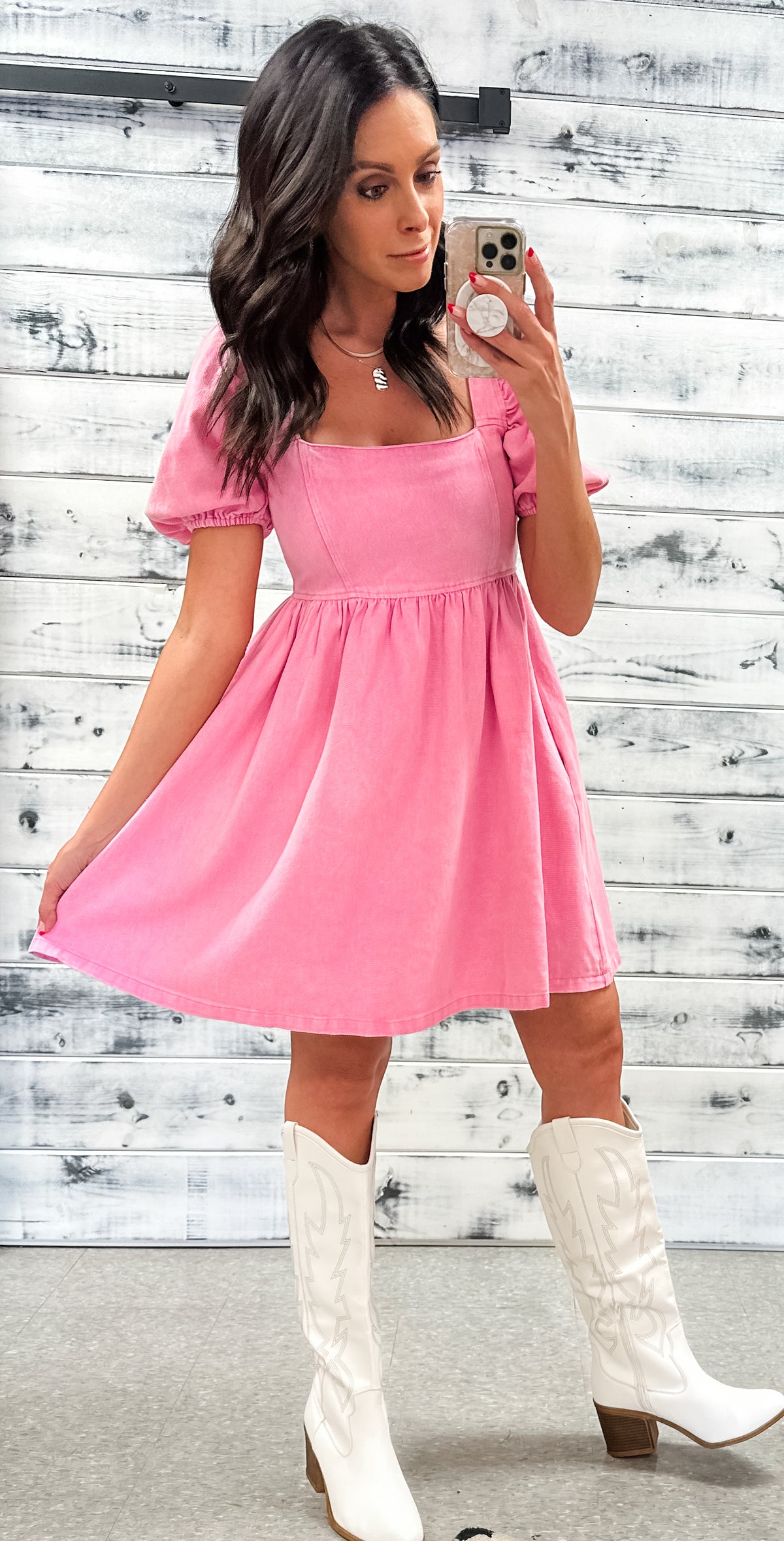 Pink Denim Puff Sleeve Babydoll Dress