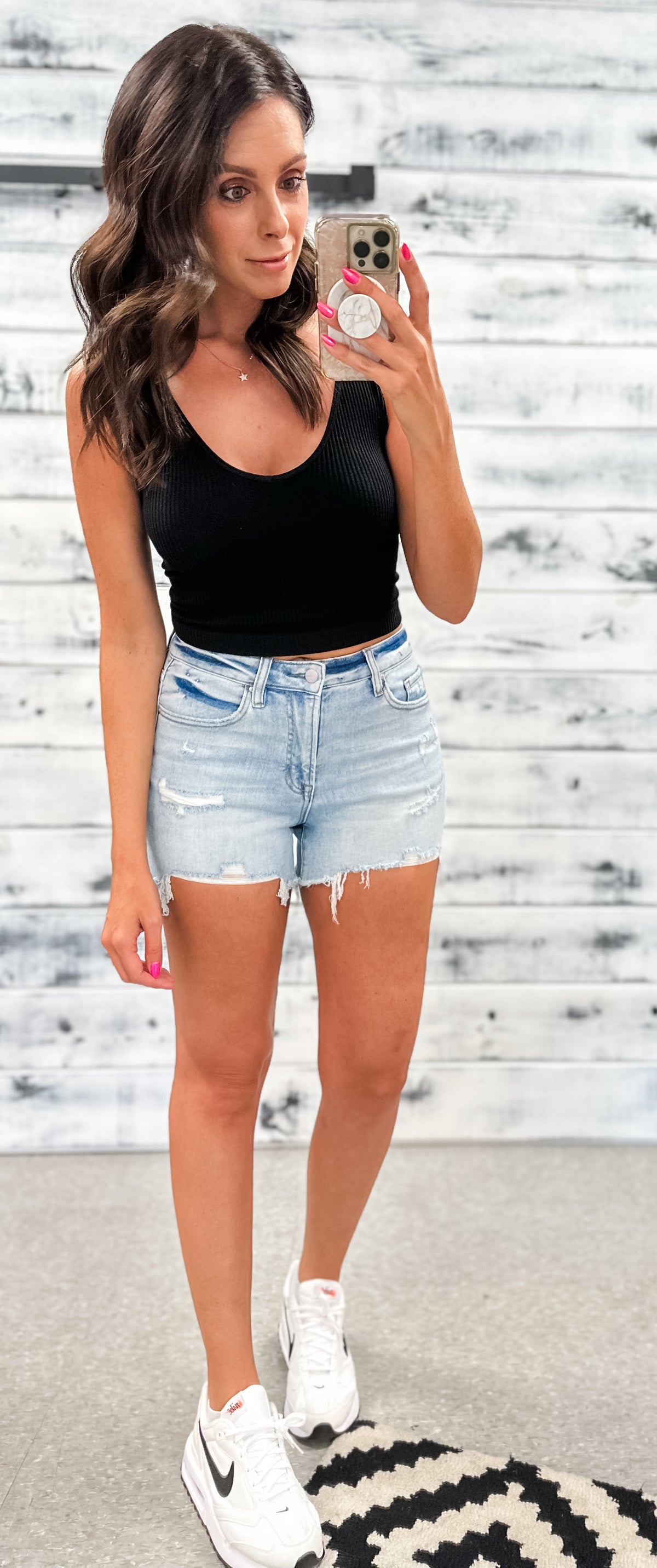 Mica Light Wash Destroyed High Rise Shorts