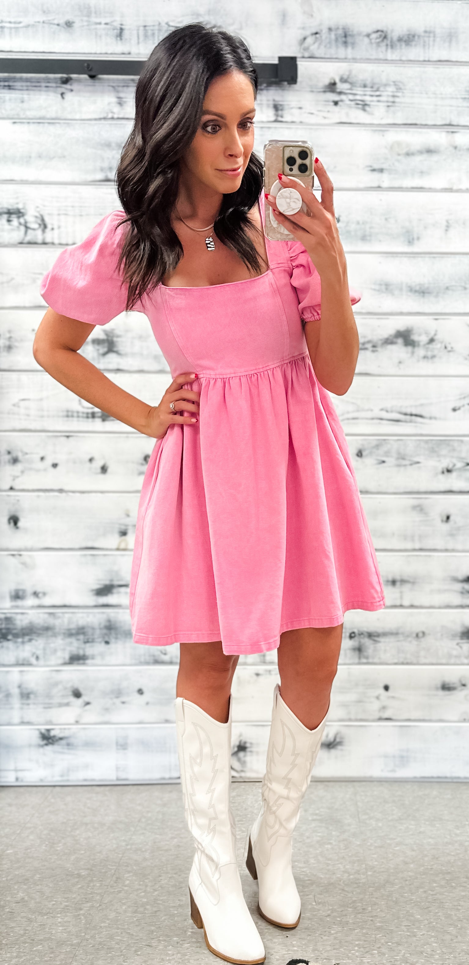 Pink Denim Puff Sleeve Babydoll Dress - Grace and Garment Boutique