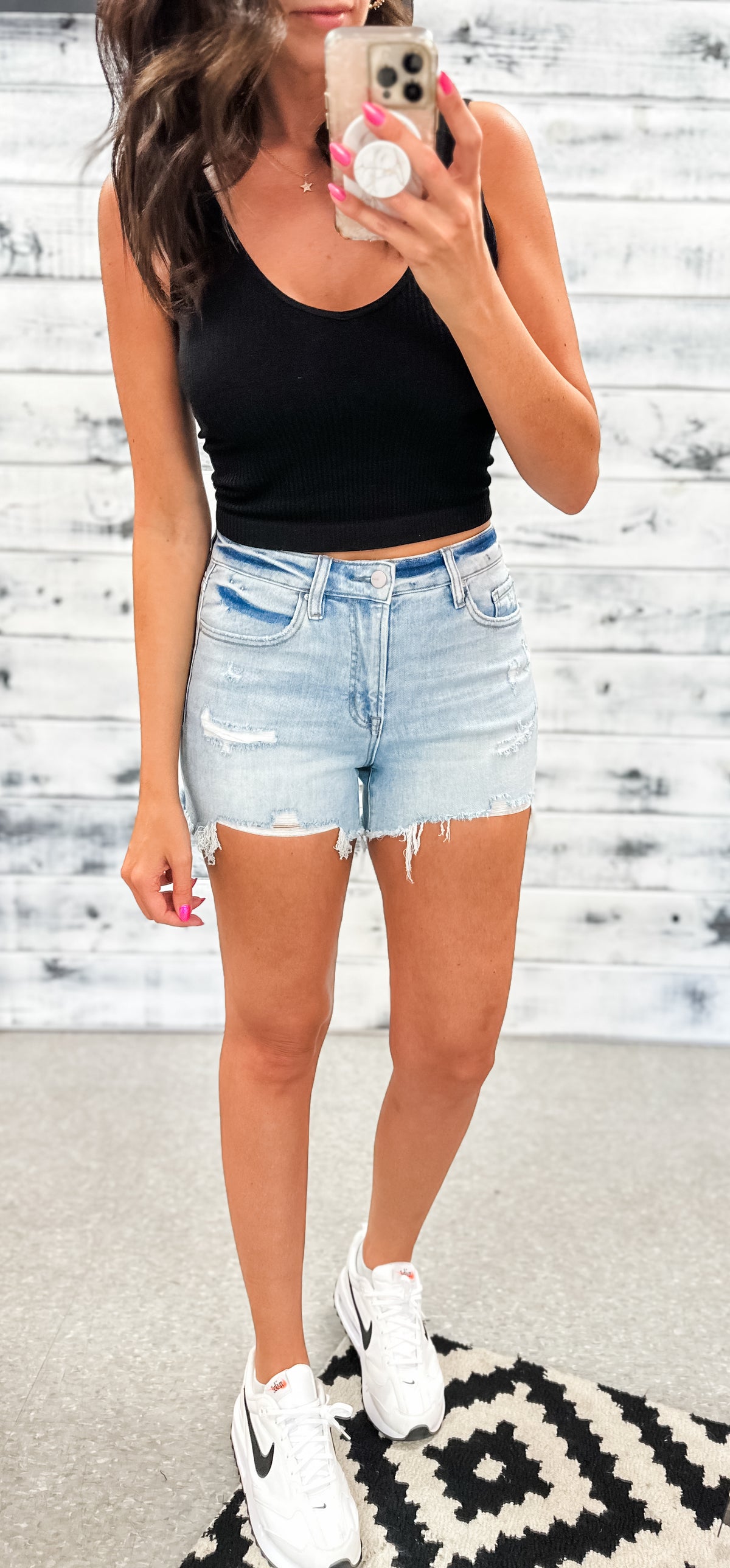 Mica Light Wash Destroyed High Rise Shorts