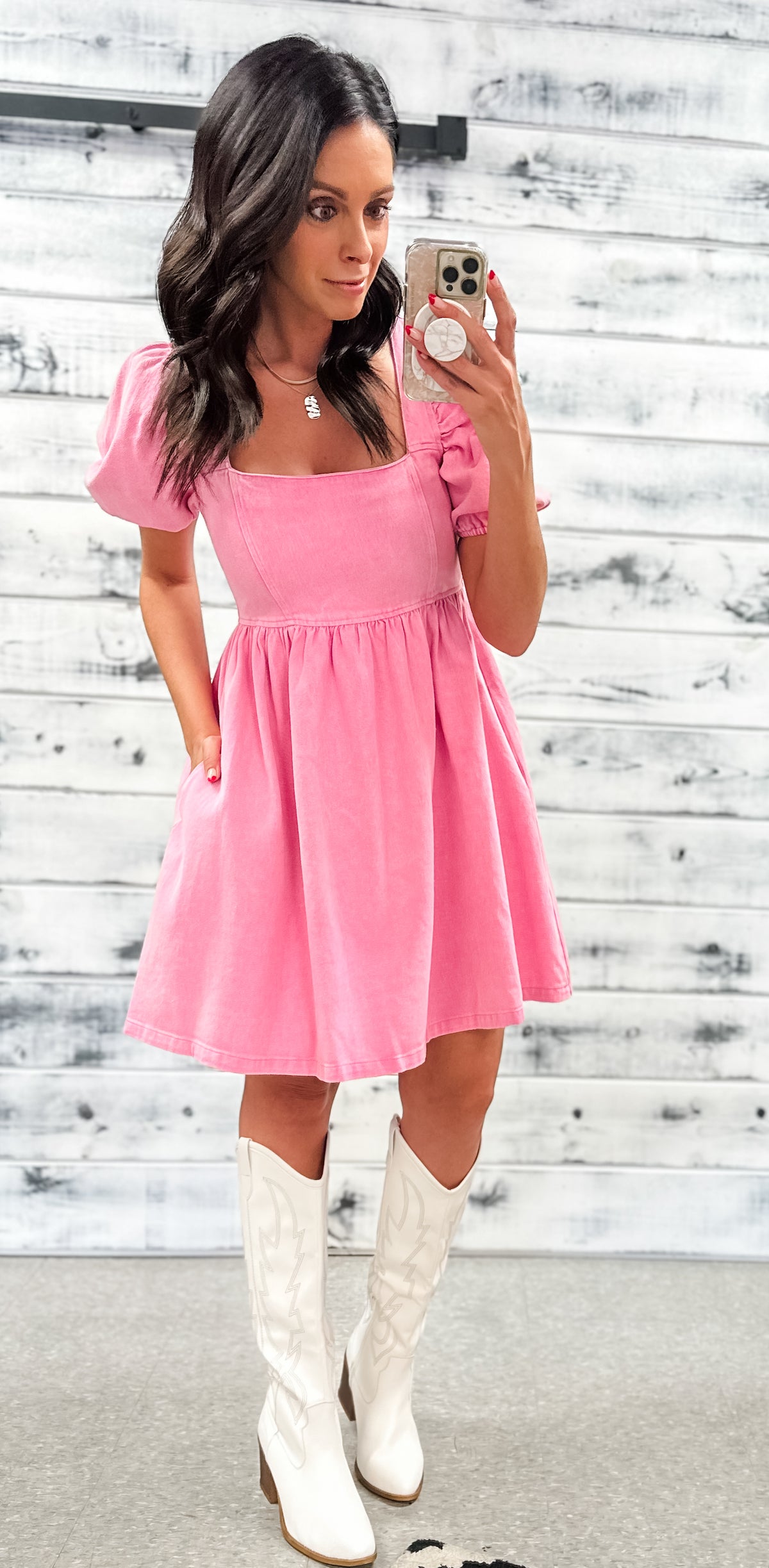 Pink Denim Puff Sleeve Babydoll Dress
