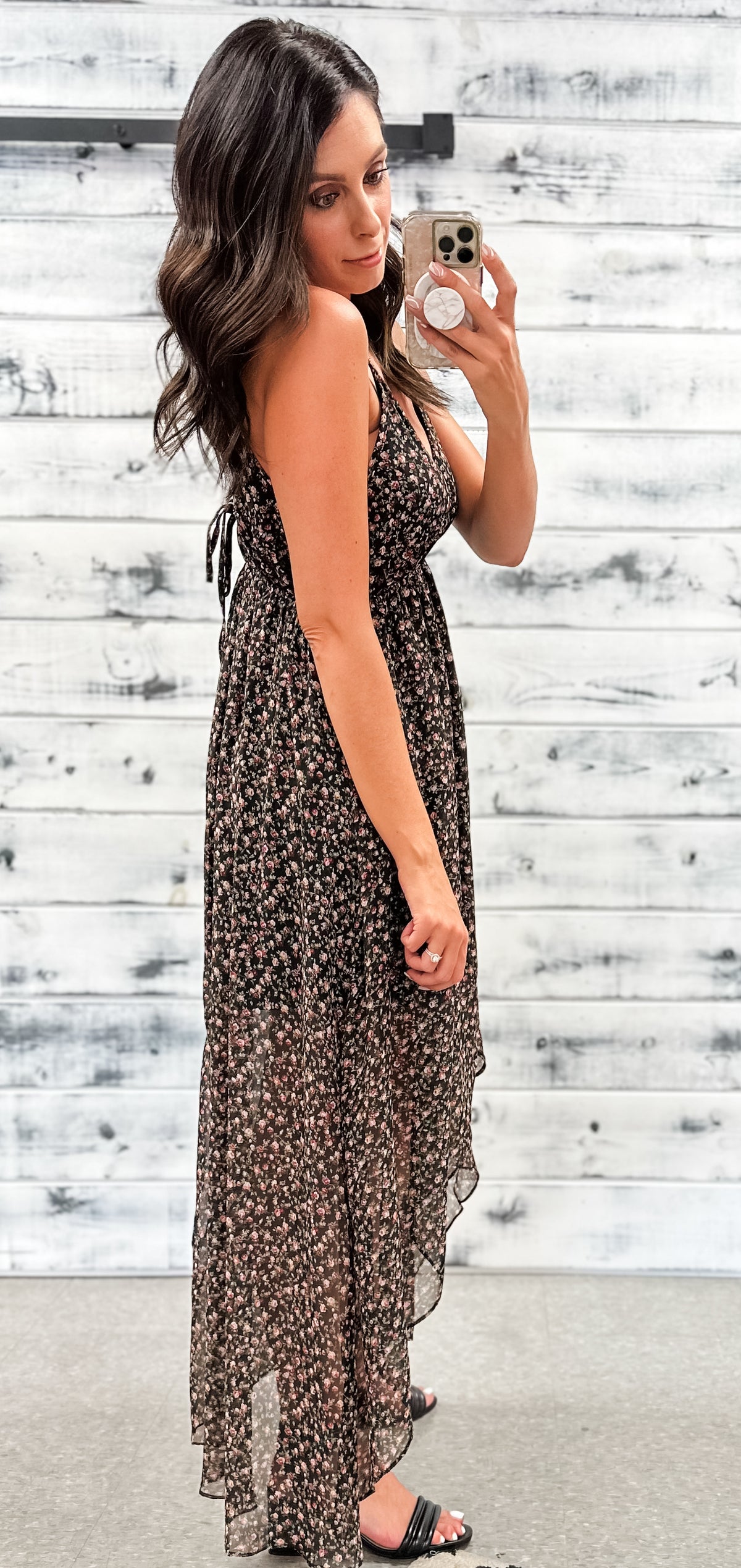 Black Floral Plunge Hi-Low Maxi