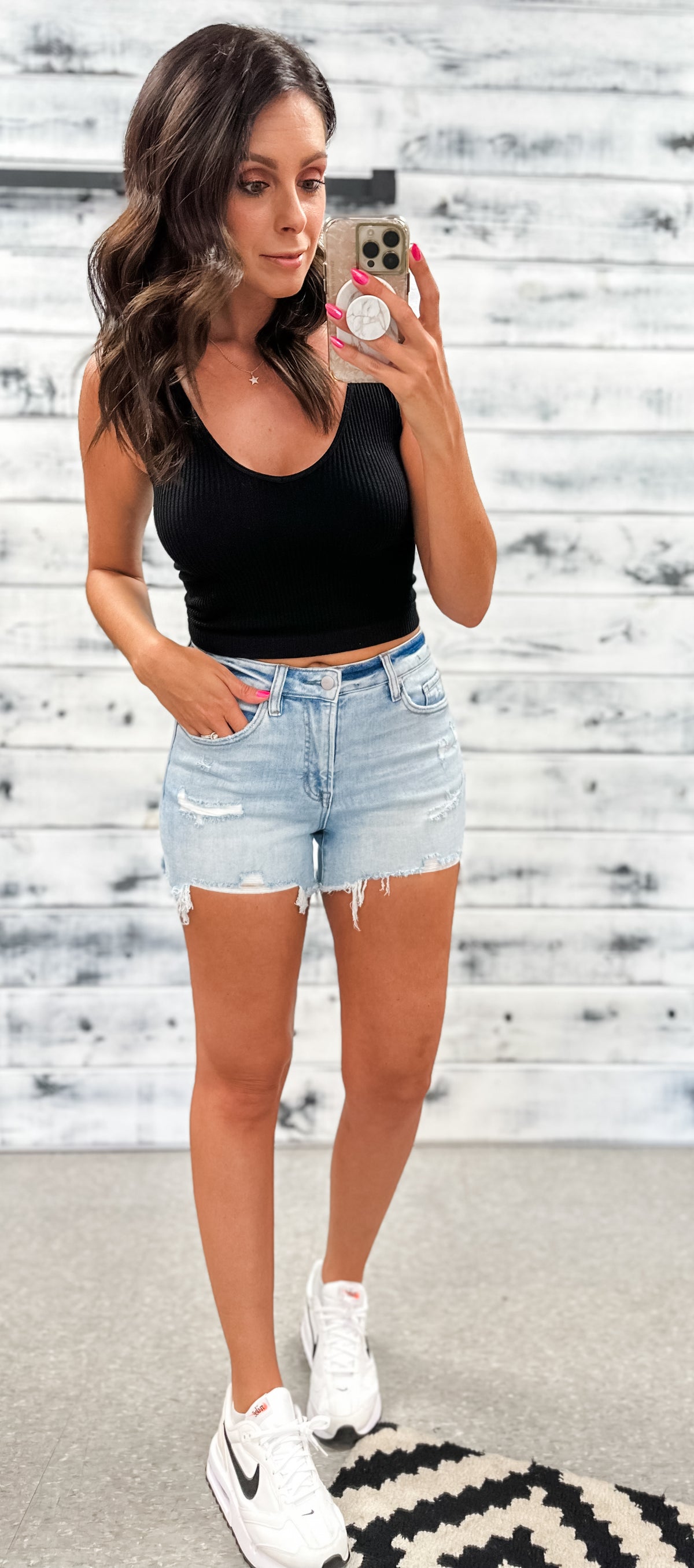 Mica Light Wash Destroyed High Rise Shorts