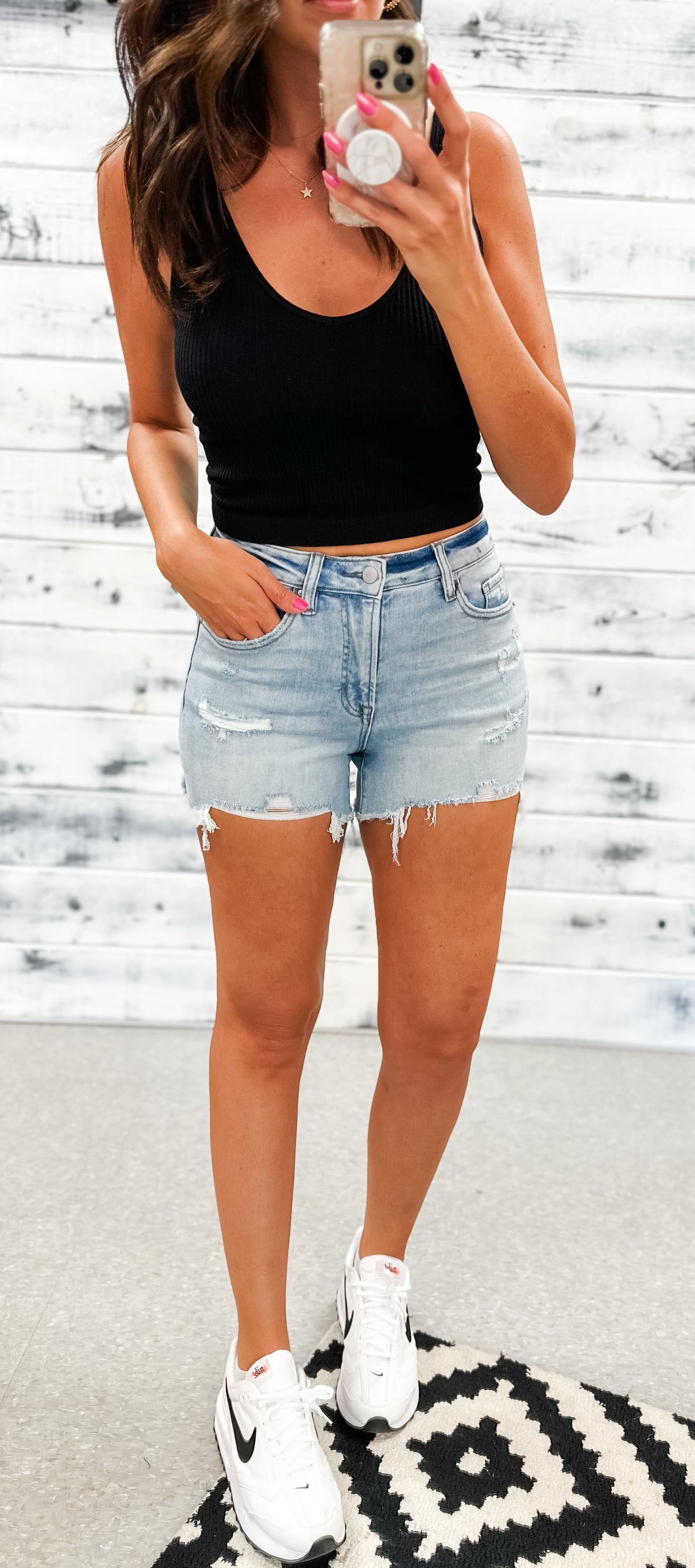 Mica Light Wash Destroyed High Rise Shorts