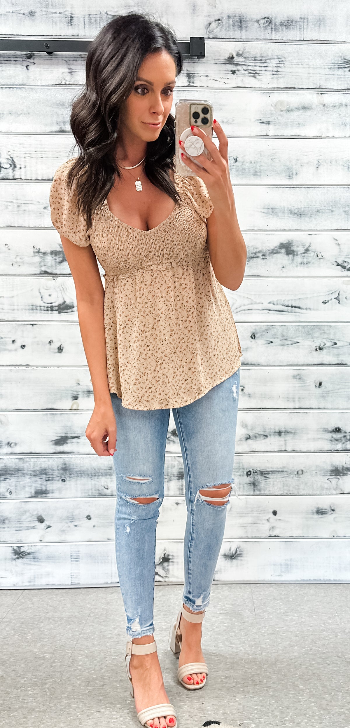 Taupe &amp; Peach Floral Smocked Blouse