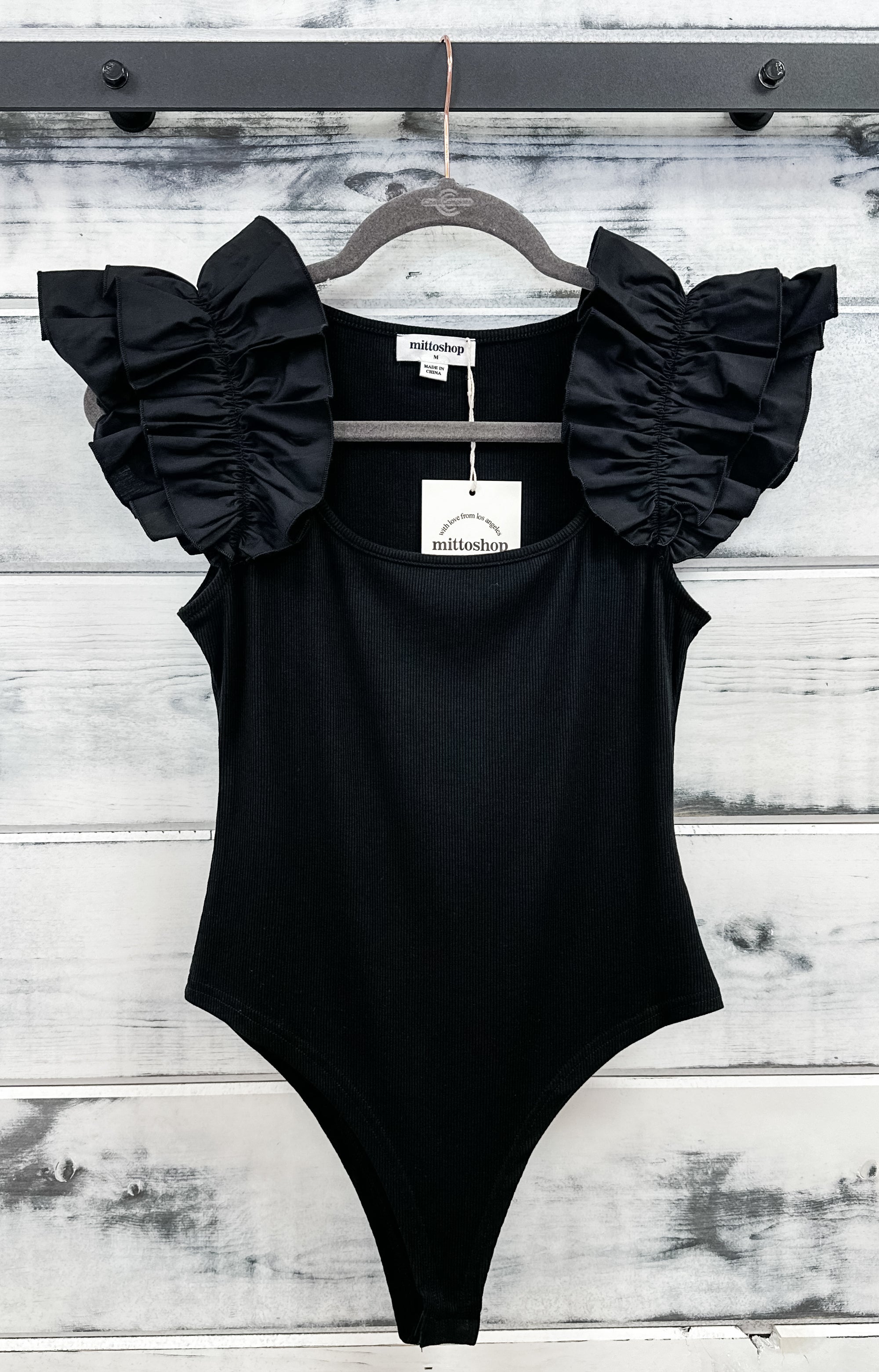Black Ruffle Shoulder Ribbed Bodysuit - Grace and Garment Boutique