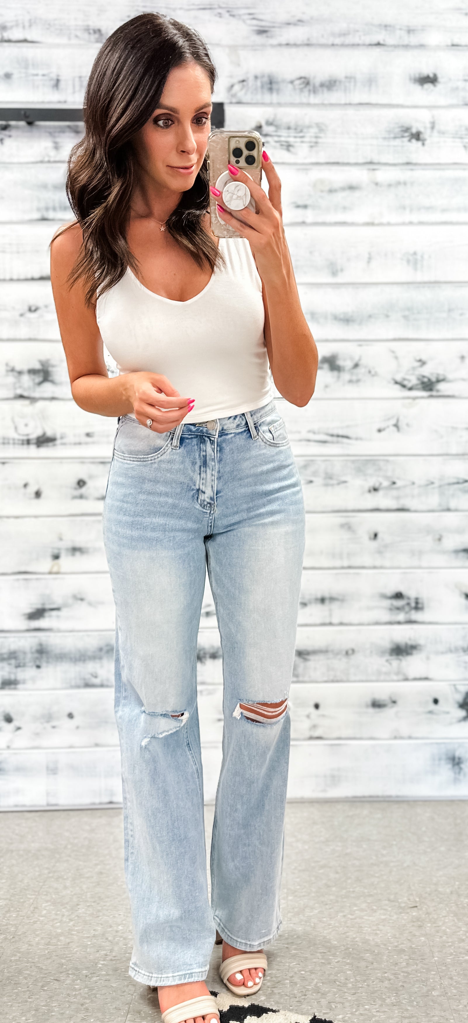 Premium Denim High Waisted Mom Jeans in Distressed Light Mid-Wash - Grace  and Lace