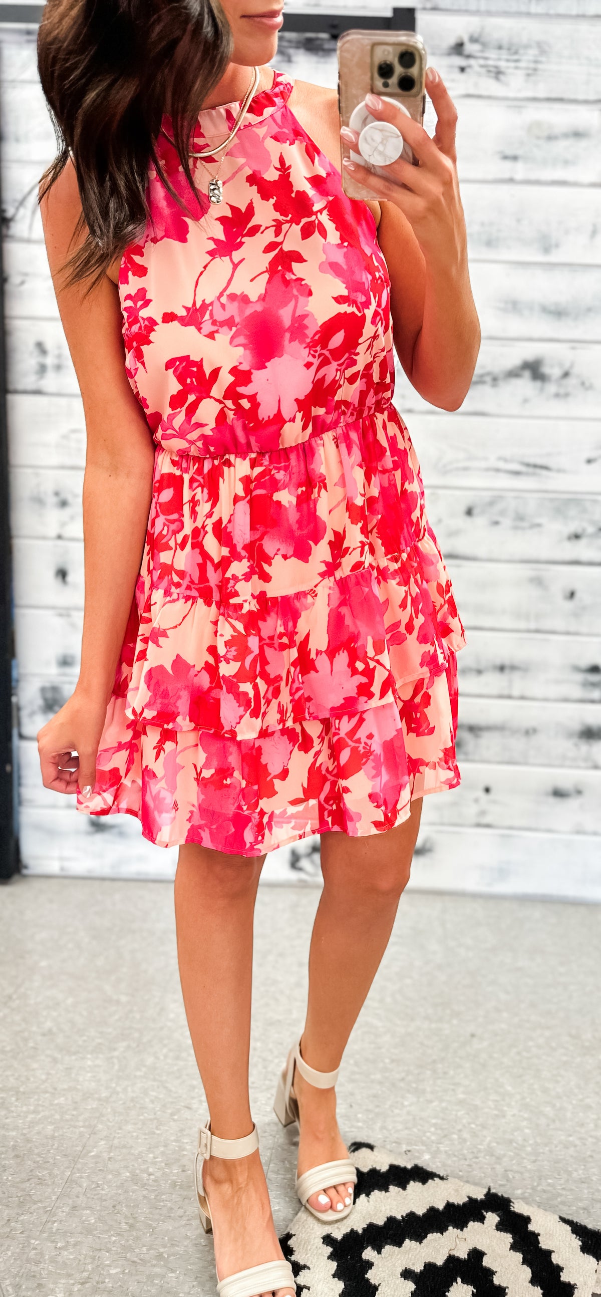 Peach, Pink &amp; Red Floral Racerback Ruffle Dress