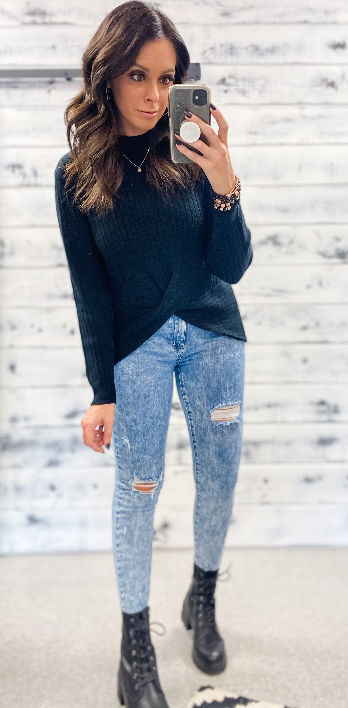 Black Ribbed Twisted Front Sweater