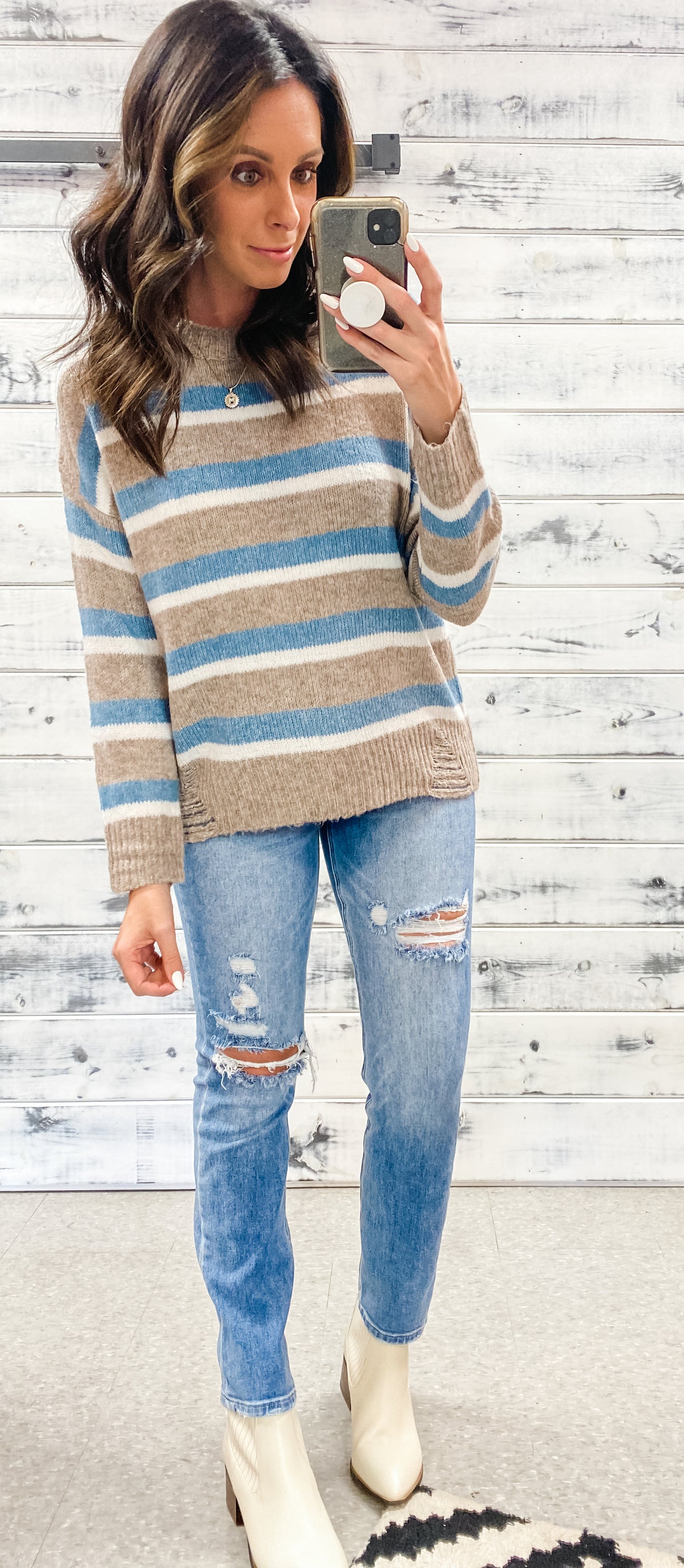 Mocha &amp; Blue Stripe Distressed Sweater