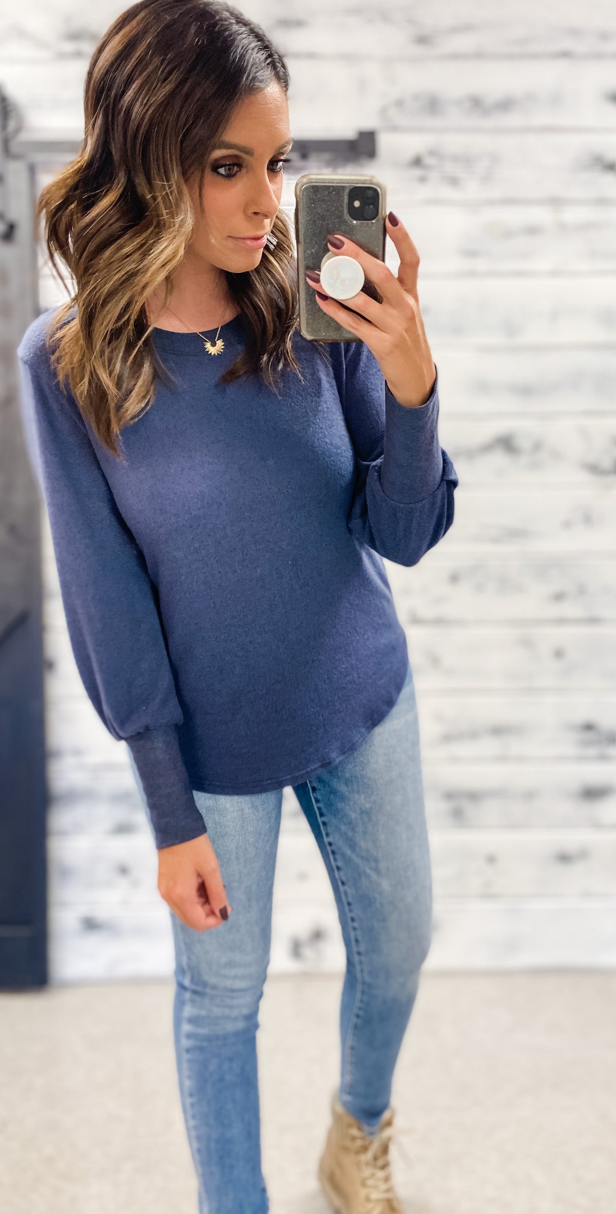 Heather Navy Brushed Contrast Top