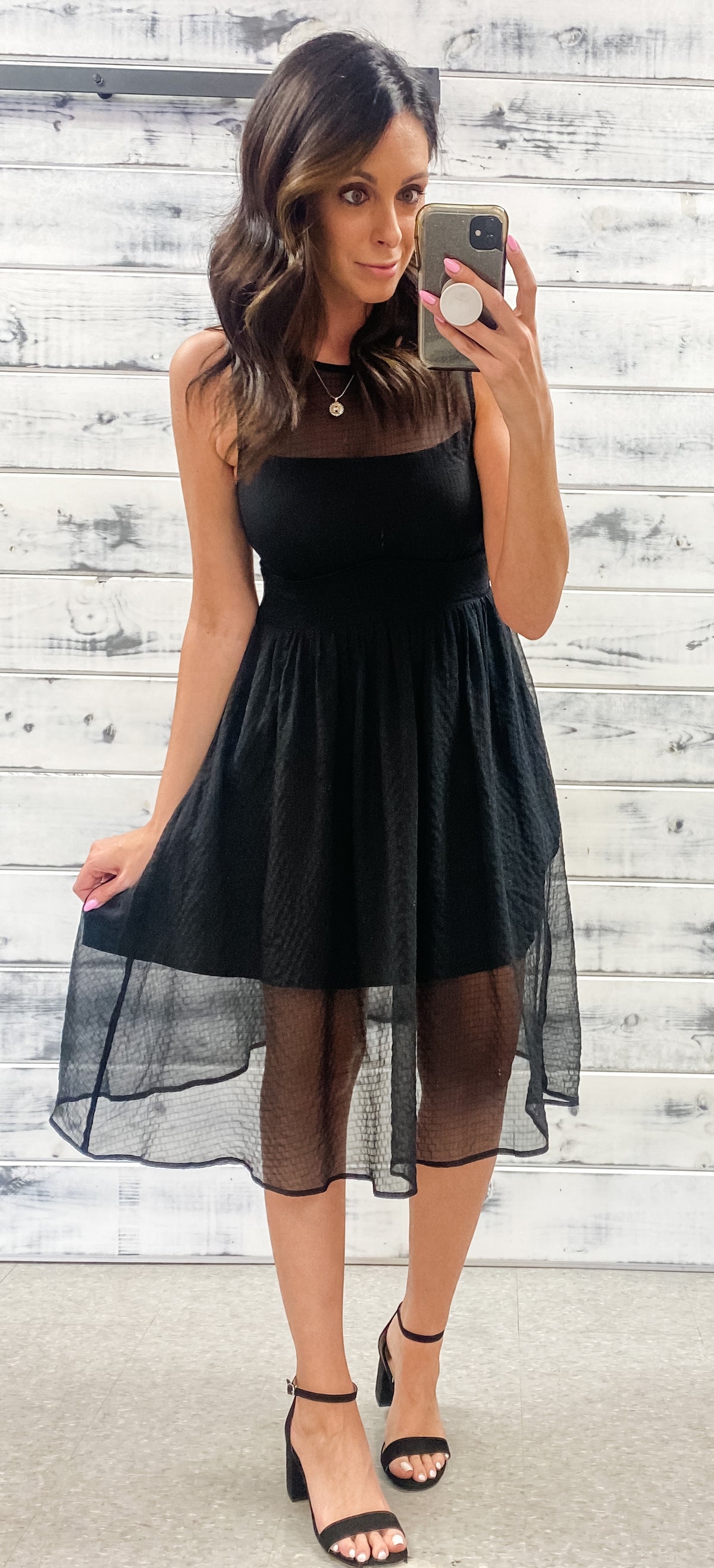 Black Textured Sheer Panel Midi Dress