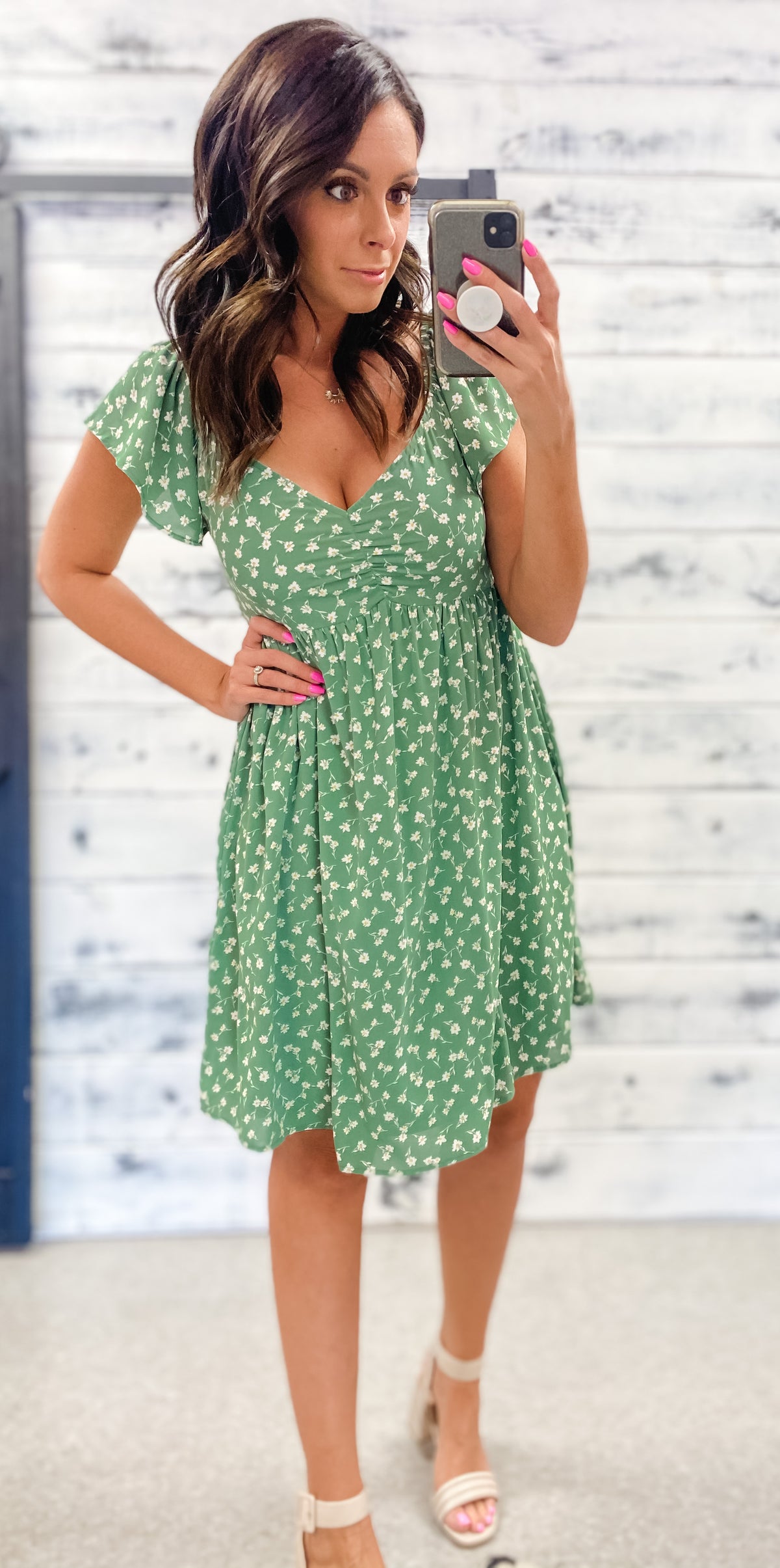 Muted Green Floral Ruched Sweetheart Dress