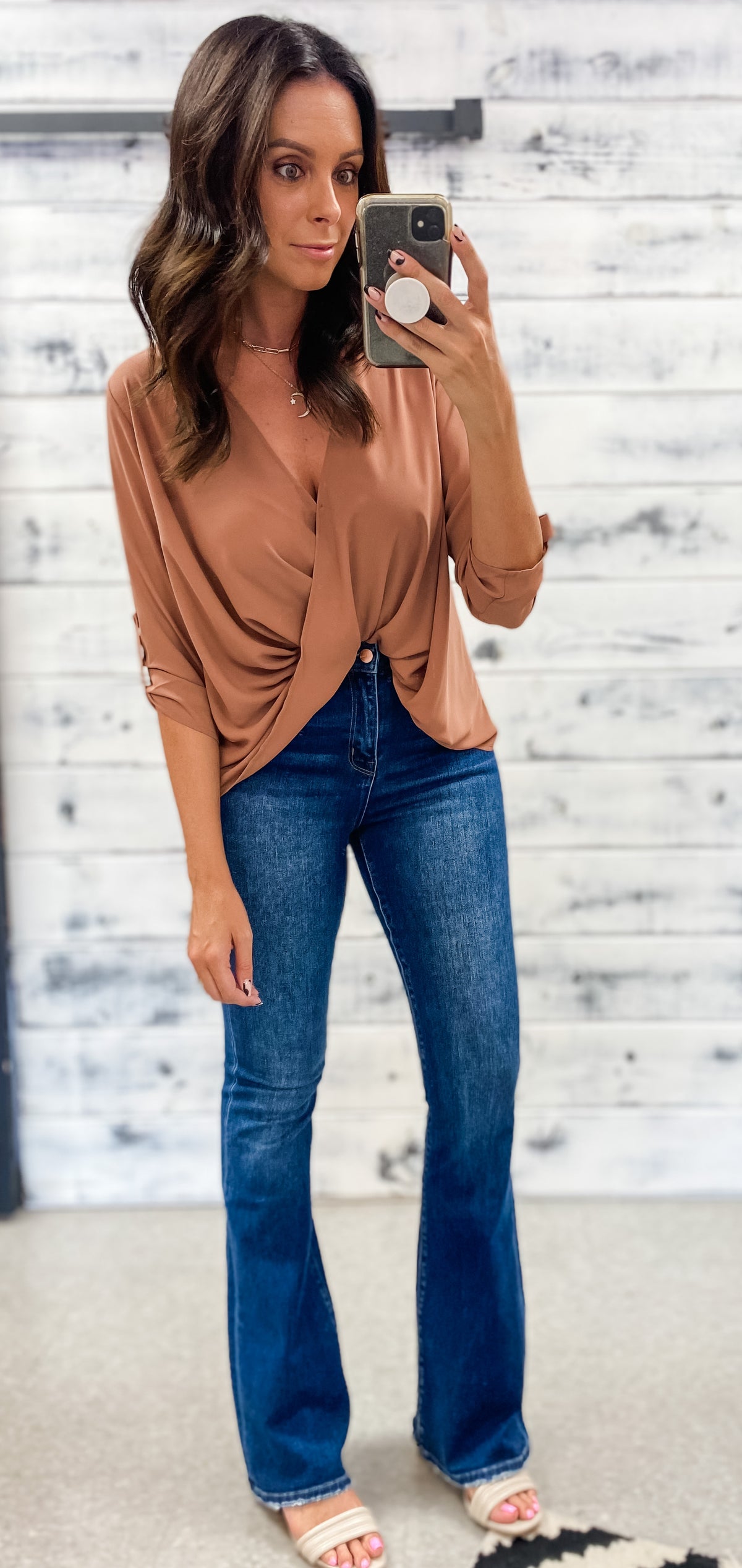 Toffee Wrap V-Neck Blouse