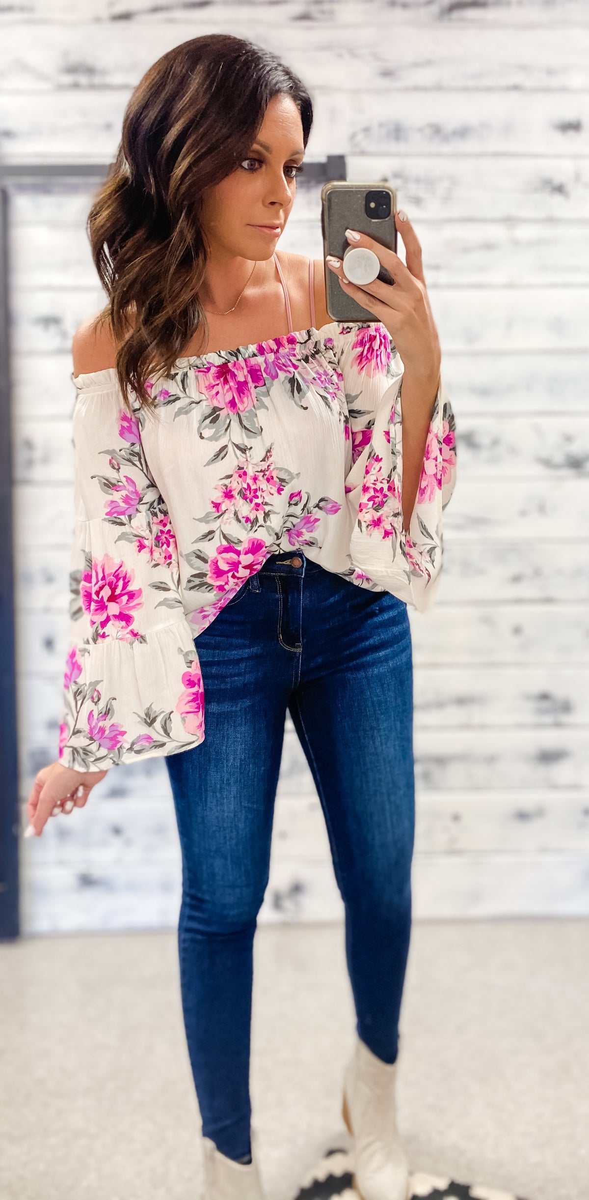 White &amp; Magenta Floral Off The Shoulder Top
