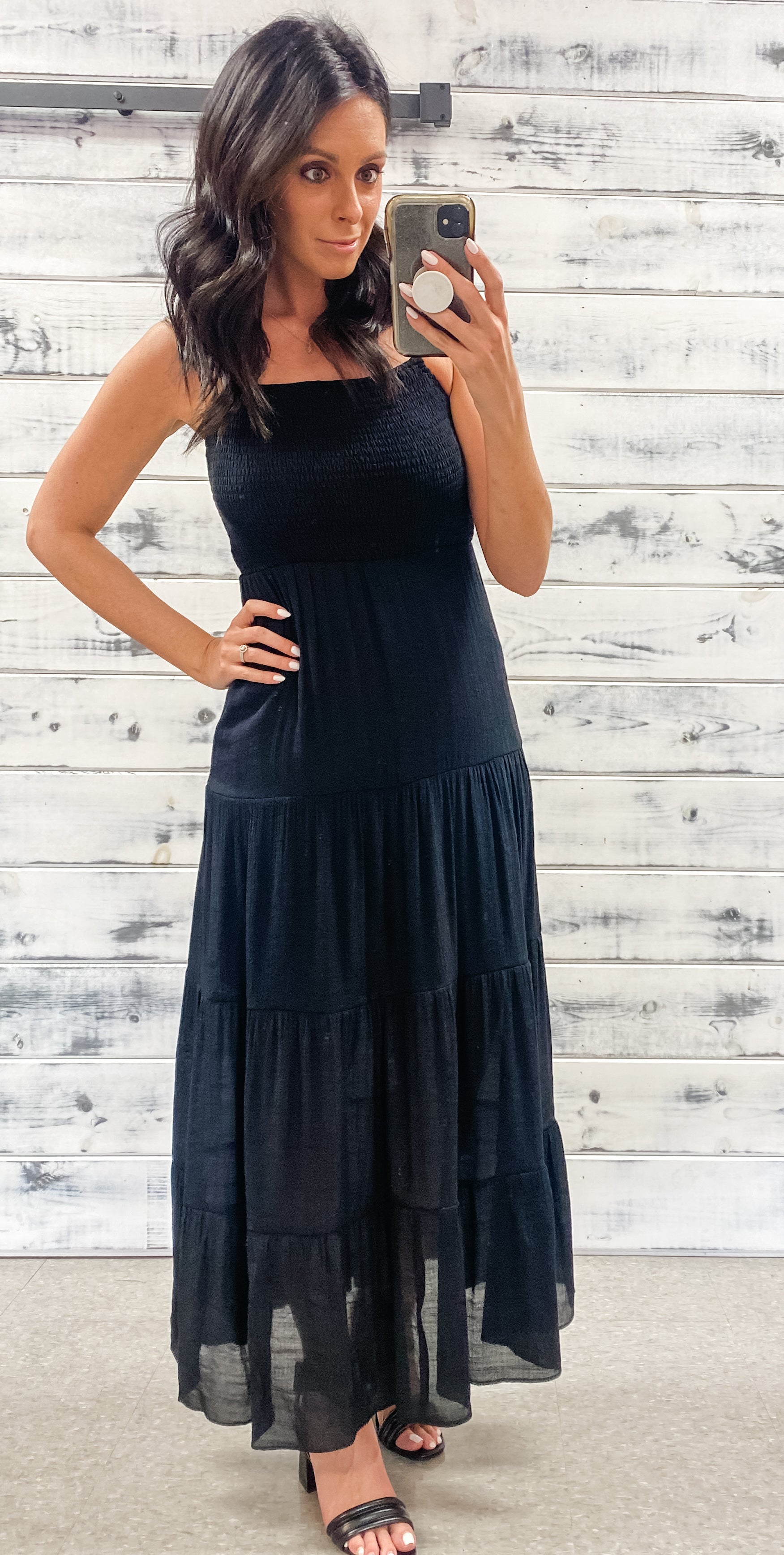 Black smocked clearance maxi dress