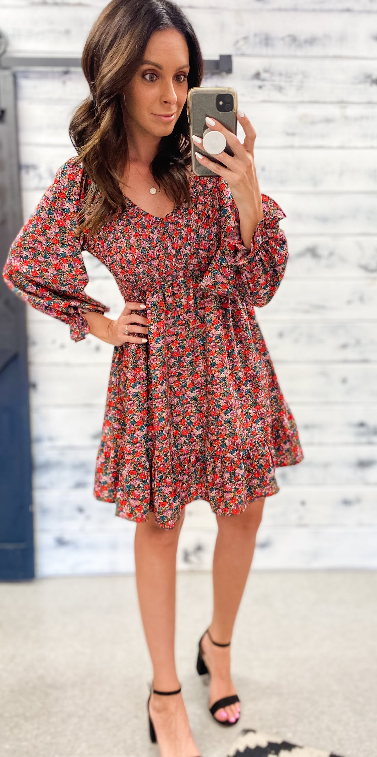 Red, Mauve &amp; Jade Floral Smocked Ruffle Dress