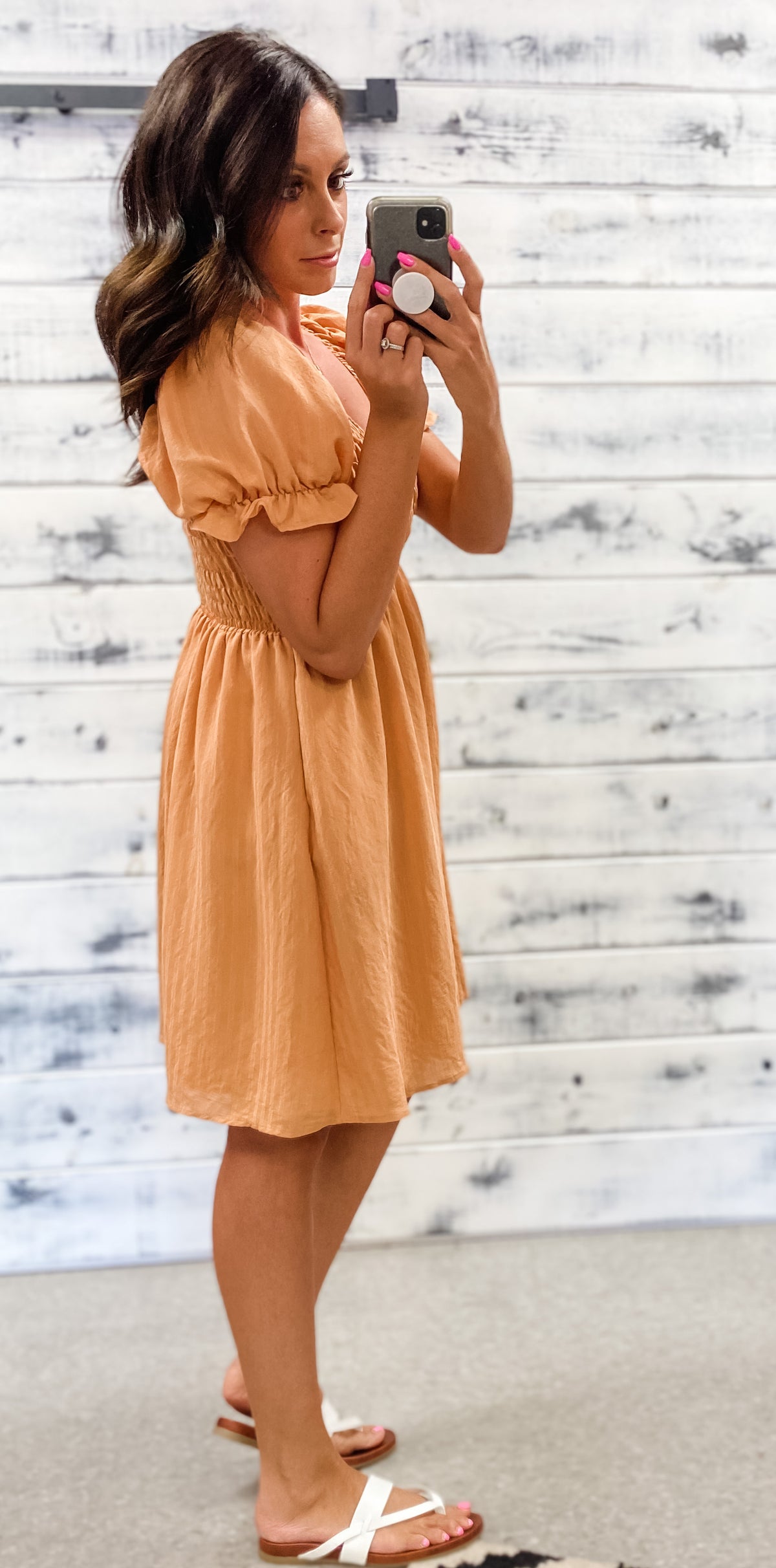 Apricot Smocked Poofy Sleeve Dress