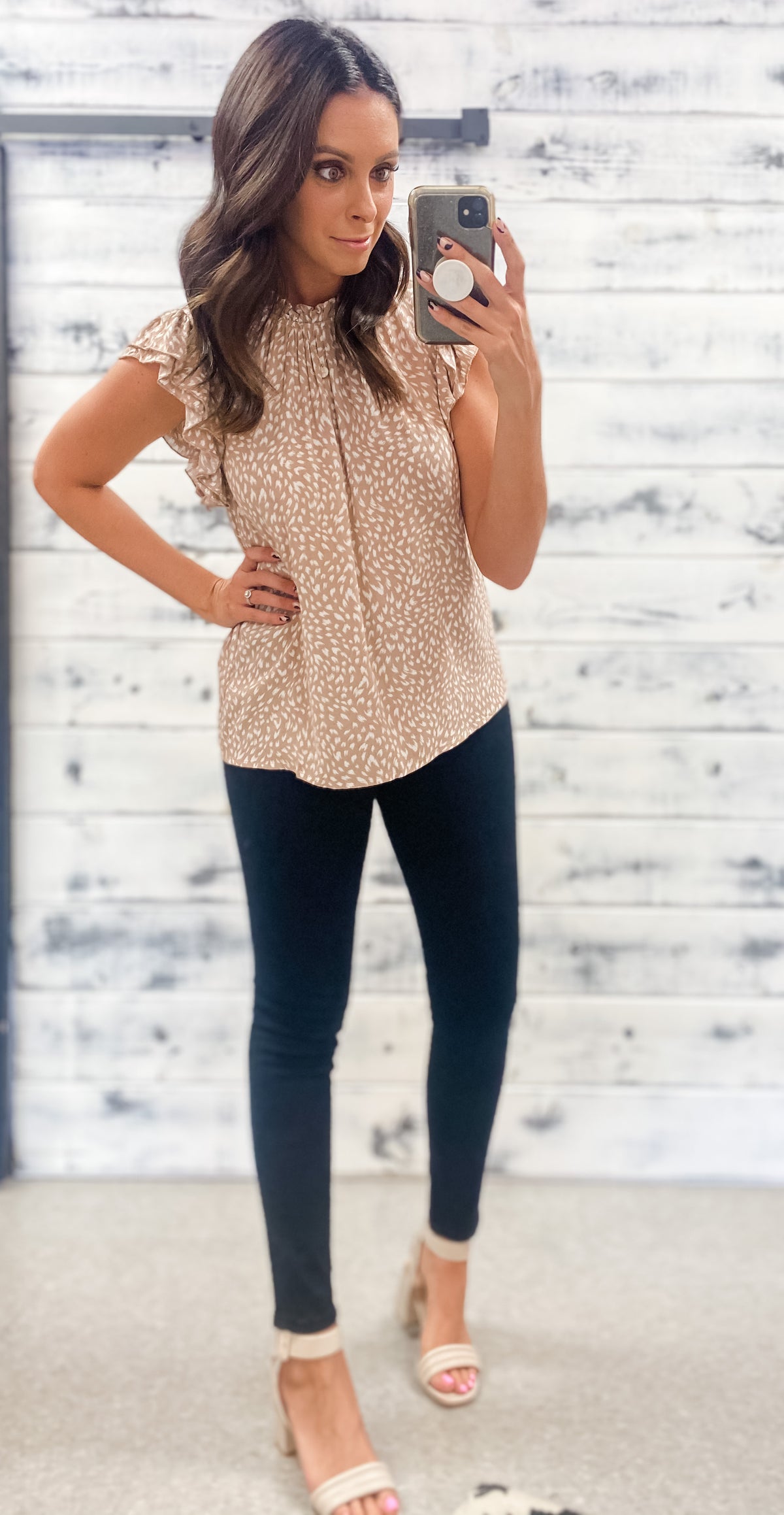 Taupe &amp; White Flutter Top