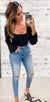 Black Ruched Balloon Sleeve Bodysuit