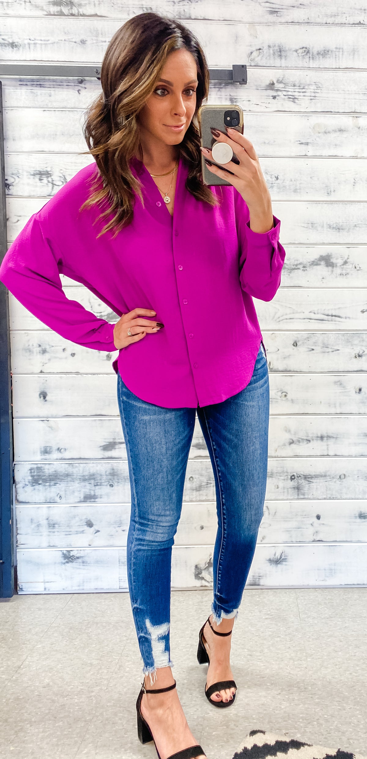 Magenta Button Up Blouse