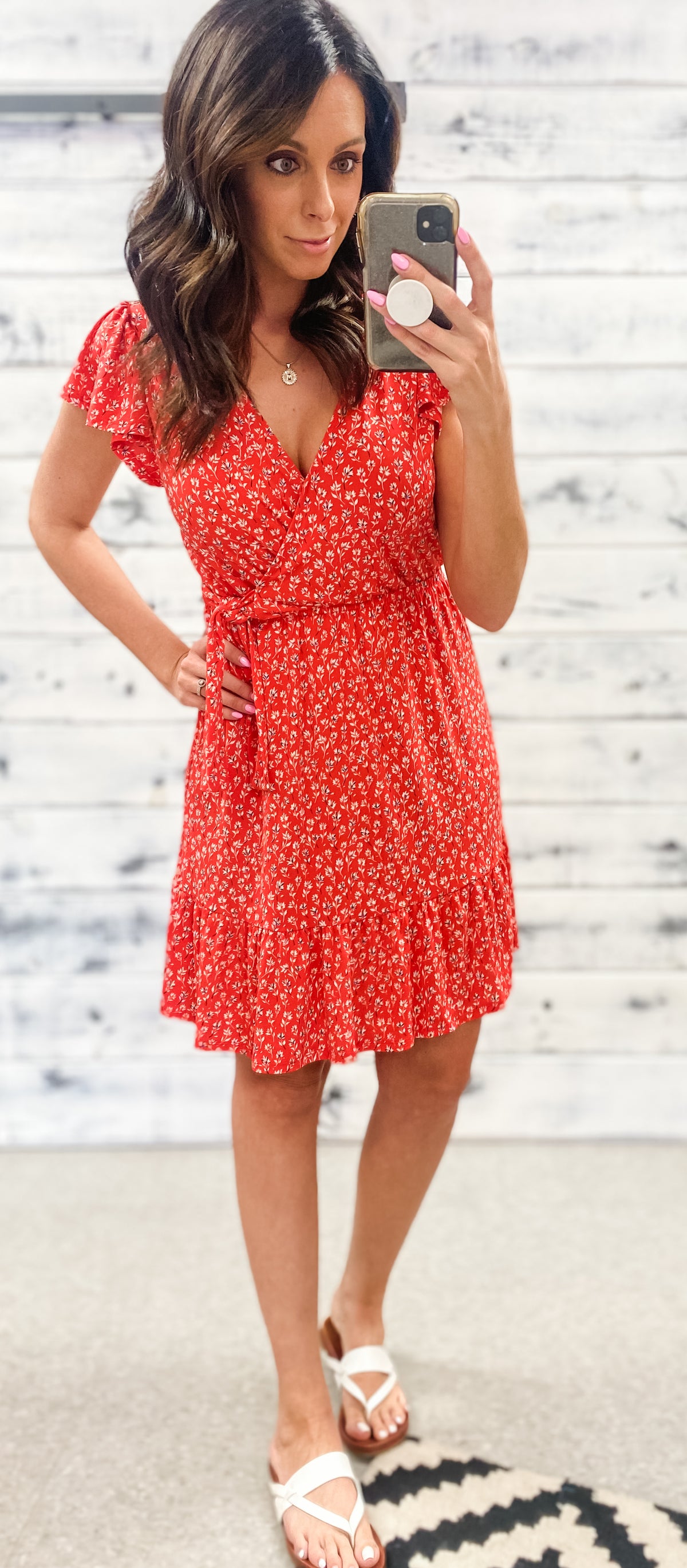 Tomato Red Floral Tie Dress