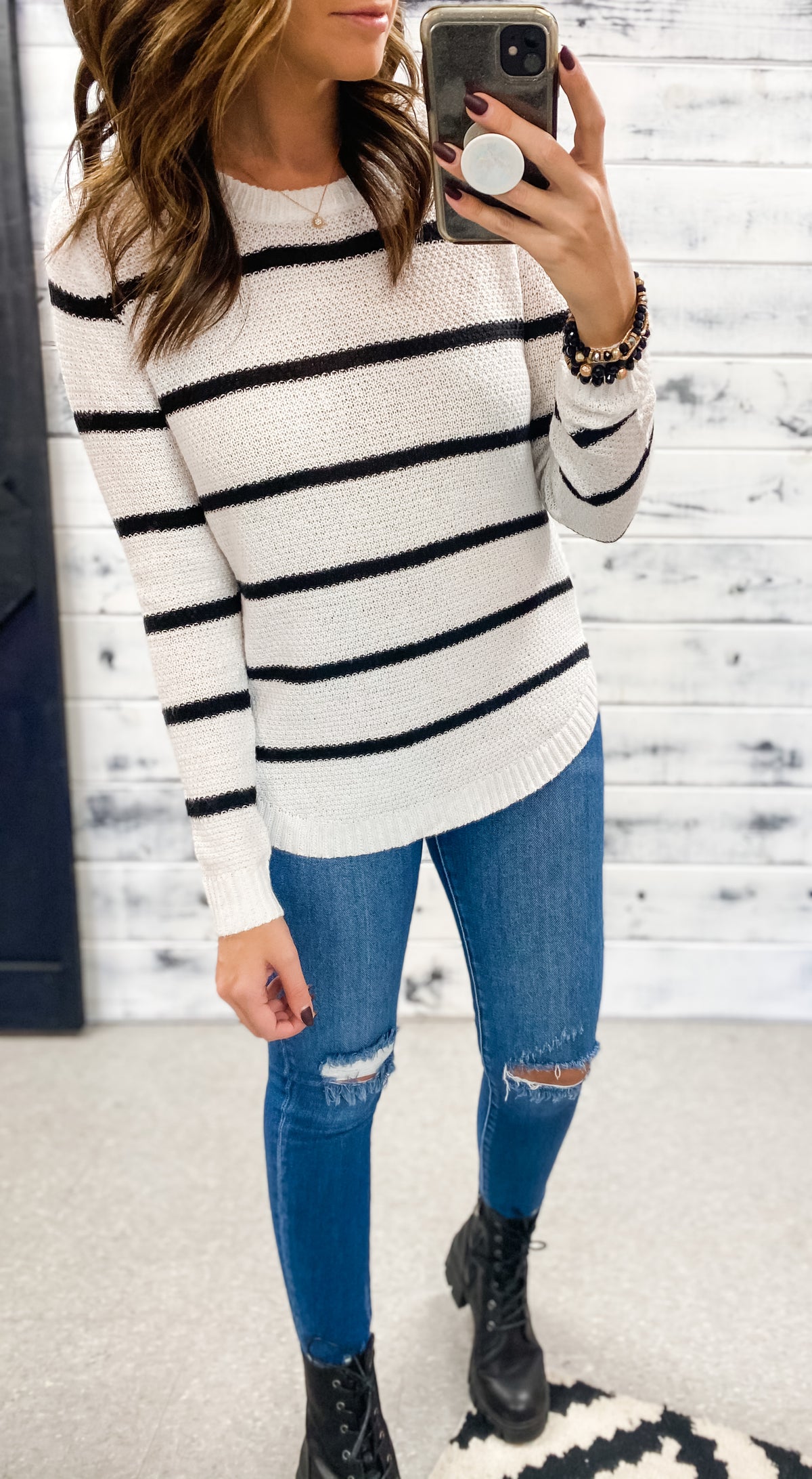 White &amp; Black Striped Round Hem Sweater