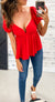 Red V-Cut Poofy Sleeve Top