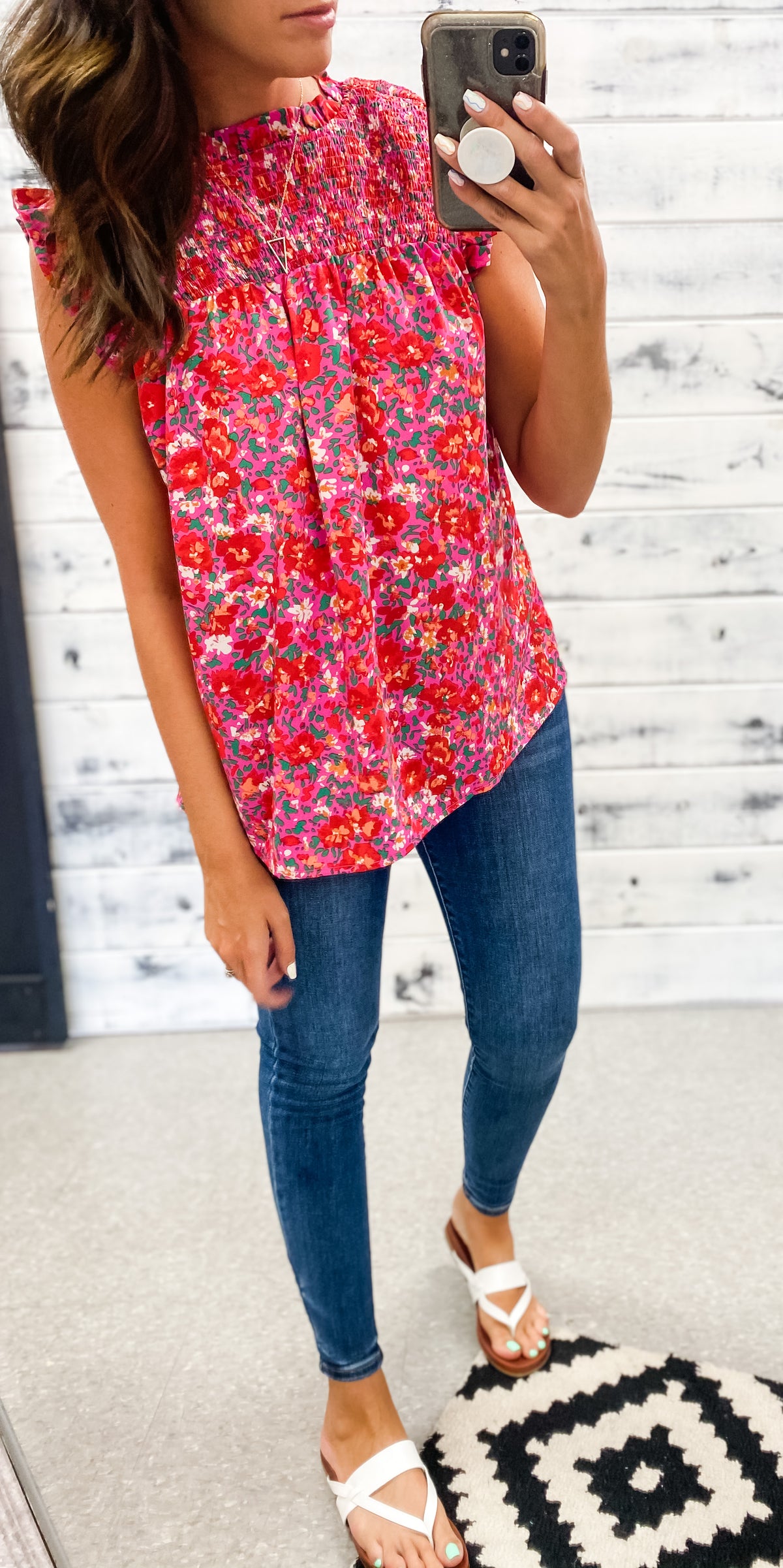 Fuchsia &amp; Red Floral Smocked Blouse