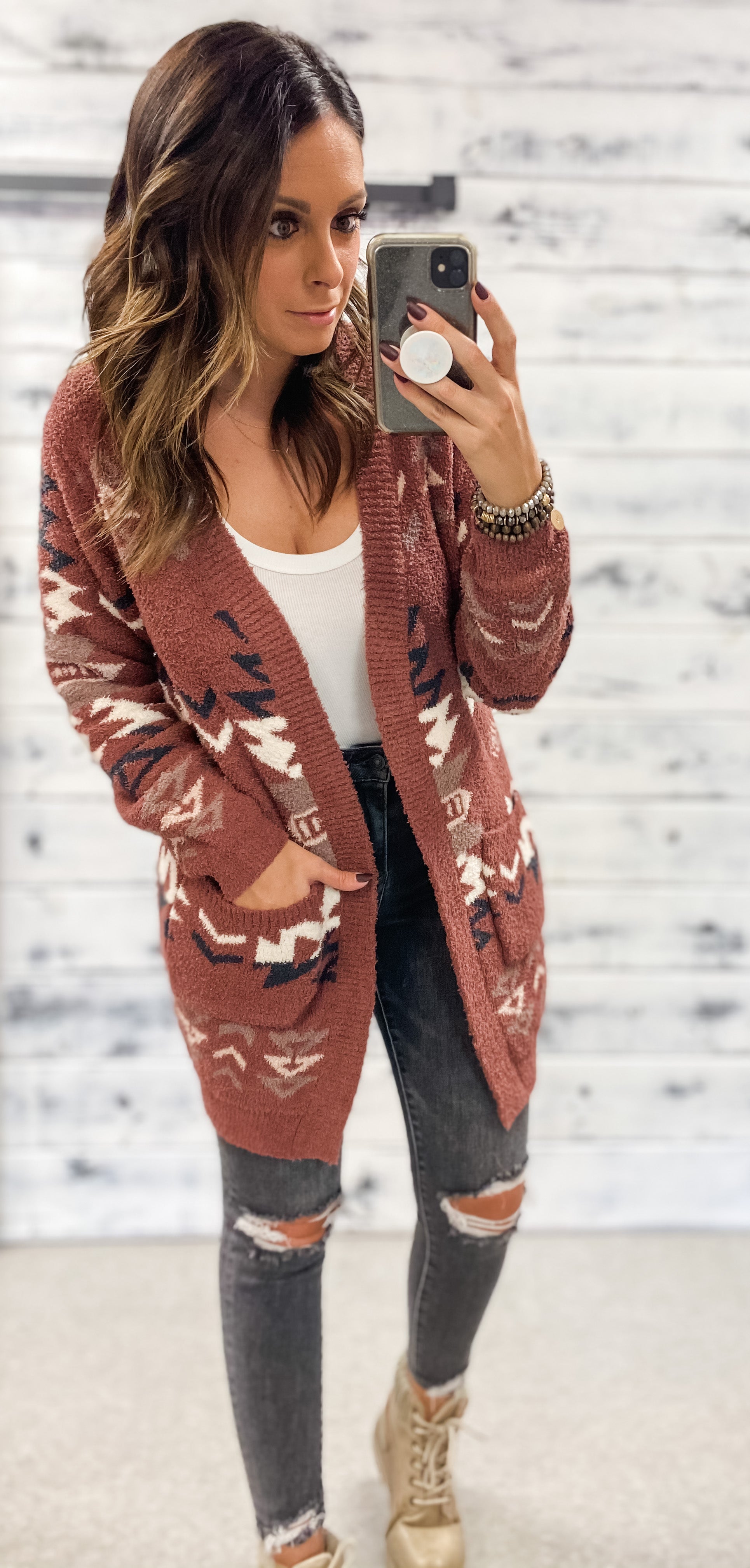 Muted Brick & Taupe Aztec Cardigan - Grace and Garment Boutique