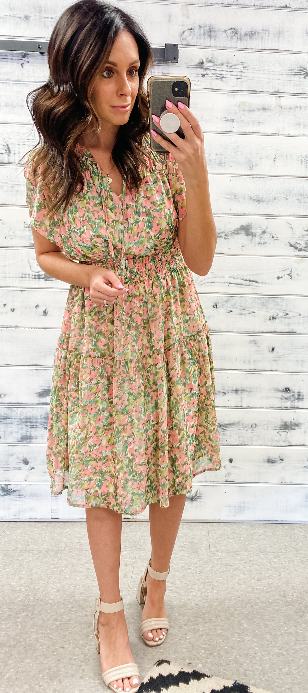 Green &amp; Blush Floral Smocked Midi Dress