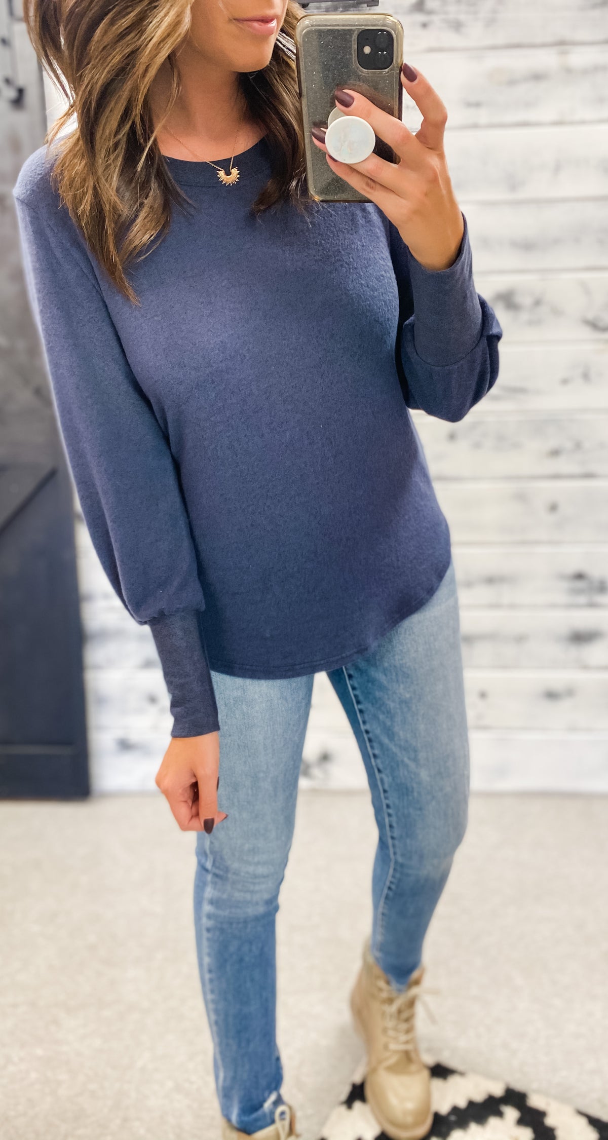 Heather Navy Brushed Contrast Top